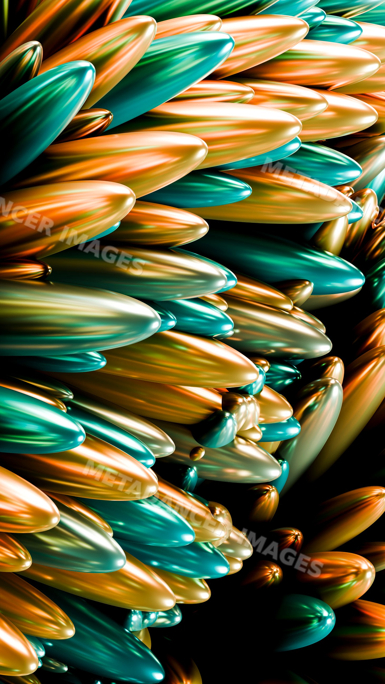 Abstract design of elongated shiny metallic shapes in orange and teal