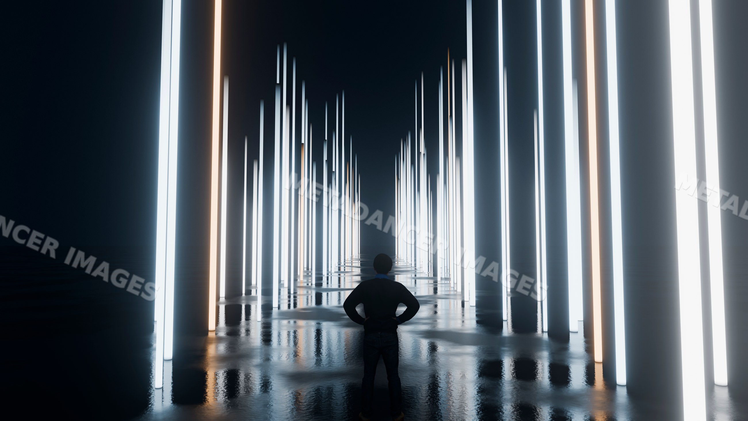 Man facing glowing vertical light pillars in dark reflective water