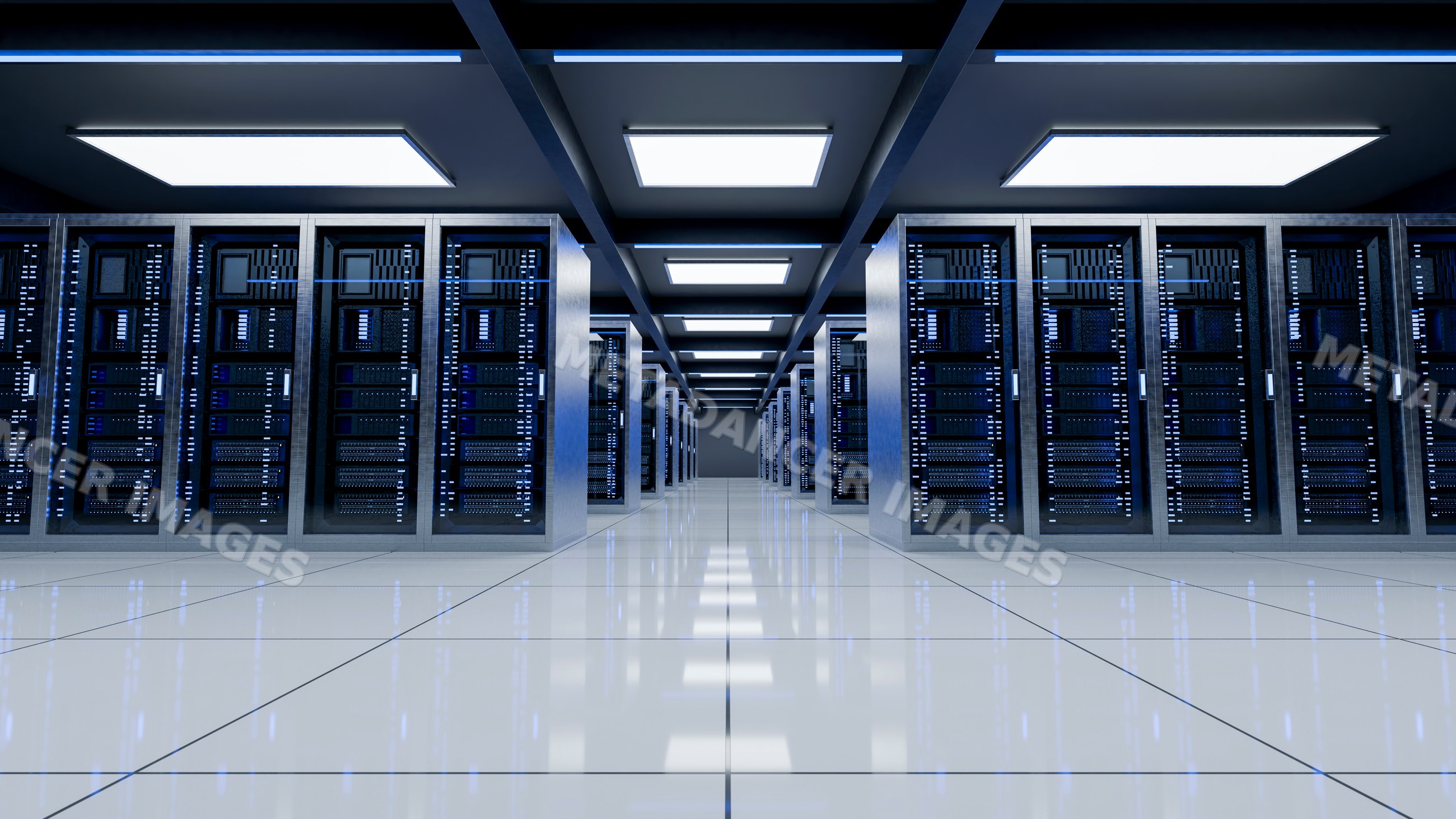 Modern data center hallway with rows of illuminated server racks