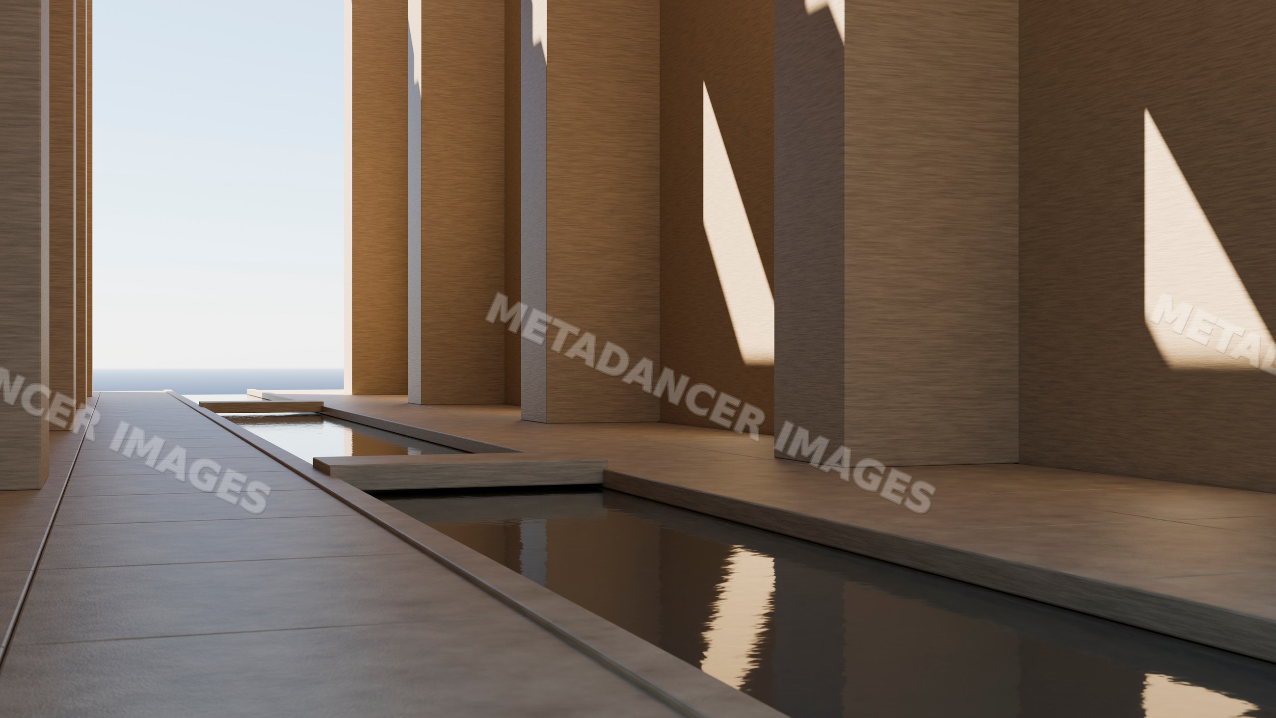 Modern architectural water feature with concrete pillars