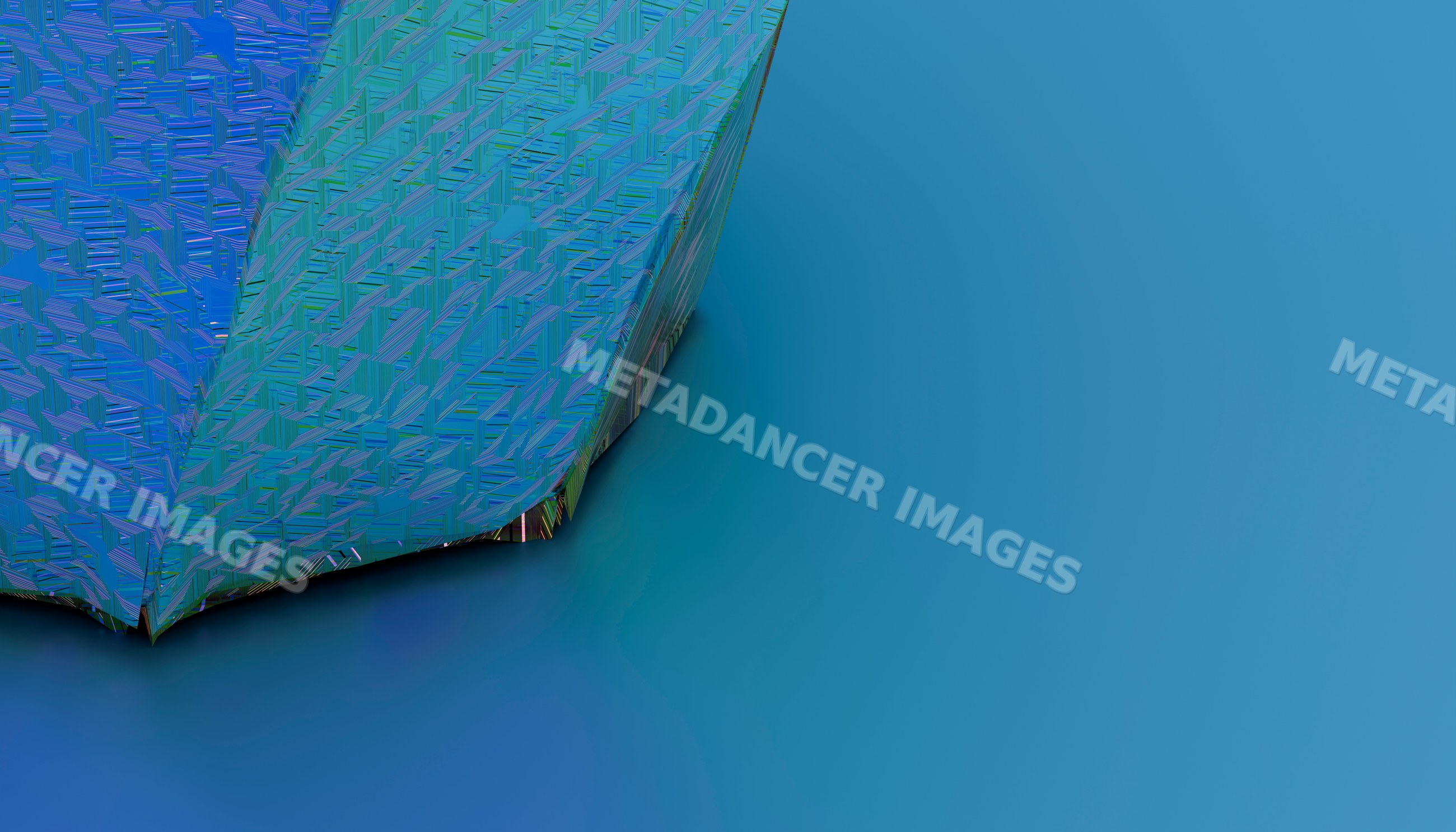 Abstract geometric 3d shape with patterned texture on blue background