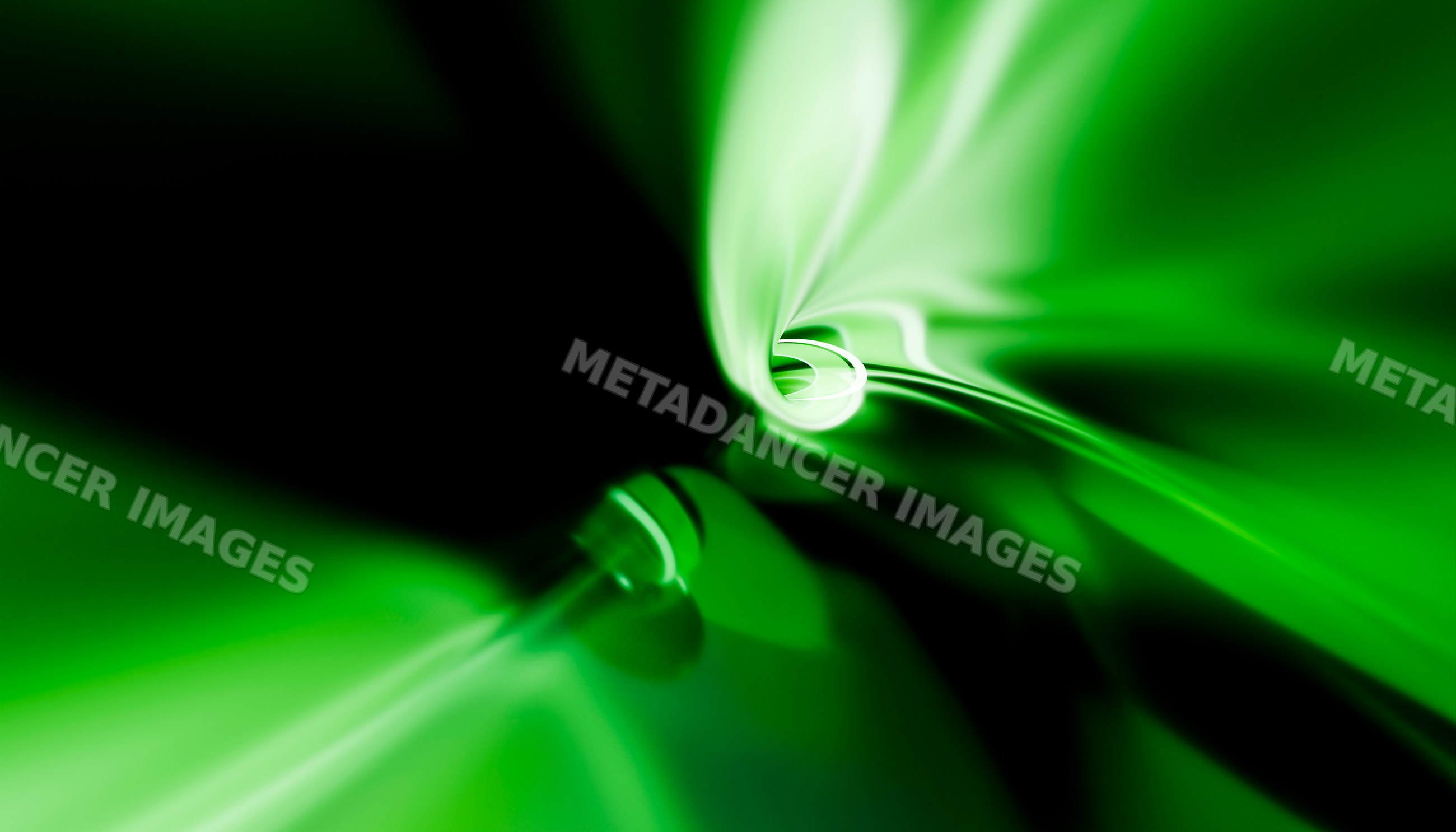 Green abstract swirl with glowing vortex and fluid shapes