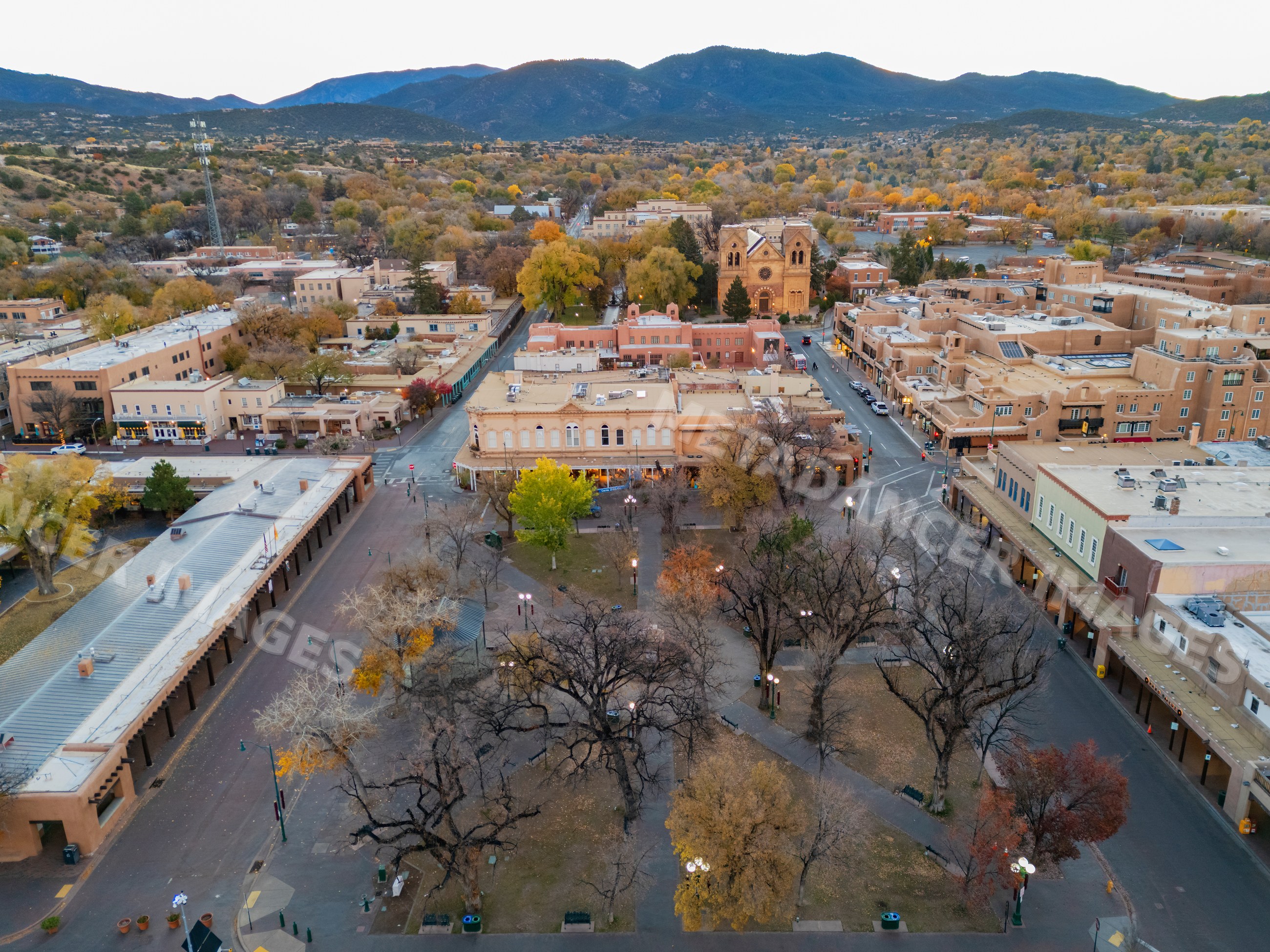The square in Downtown Santa Fe at dawn with autumn trees and historic