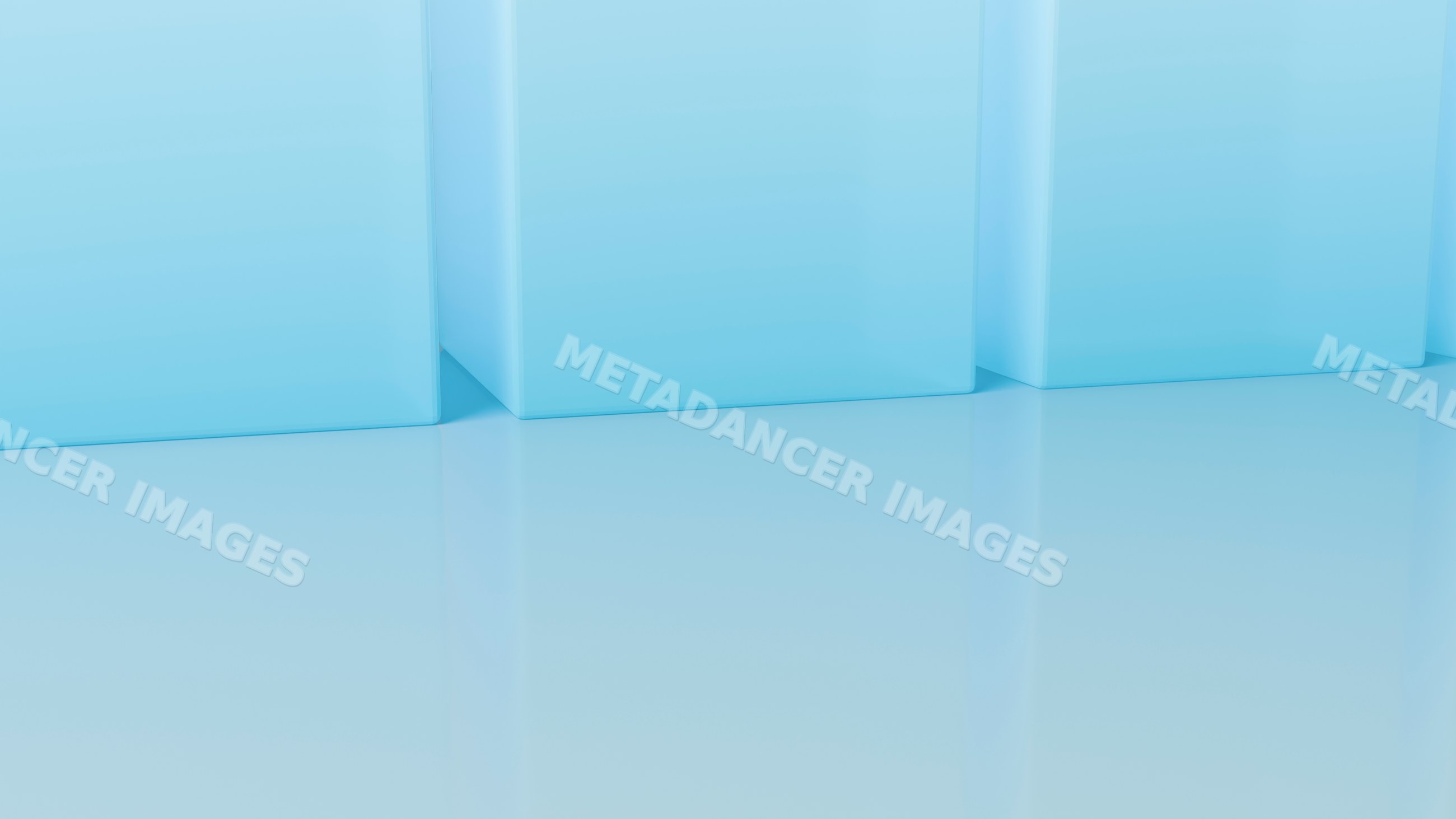 Three blue cubes on reflective surface in minimalistic setting
