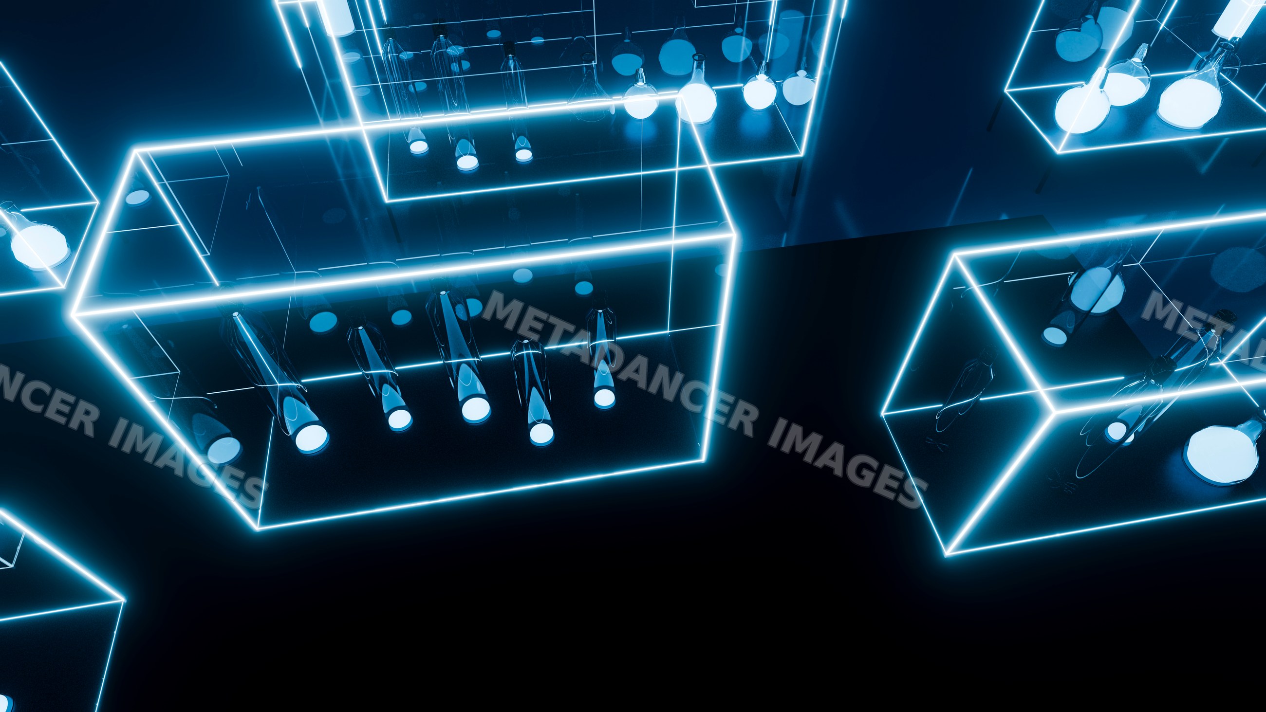 Glowing glass bottles in illuminated neon blue transparent cubes