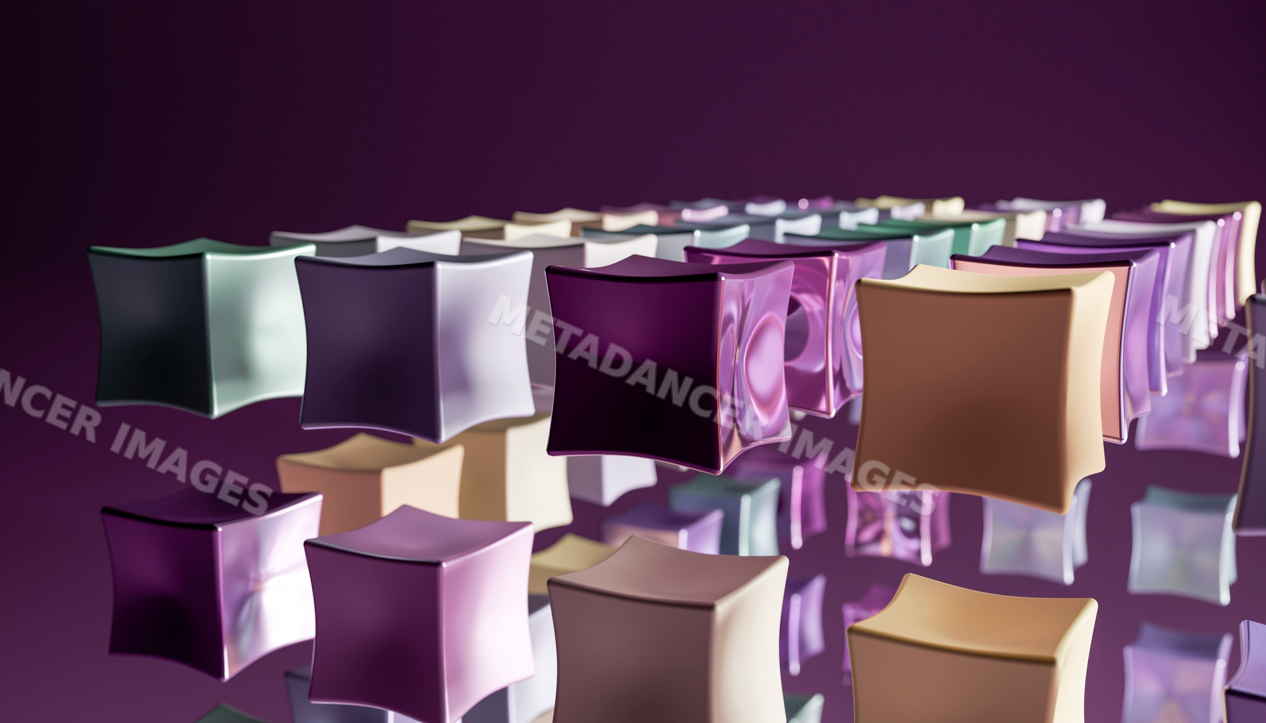 Colorful 3d cubes float over a reflective surface