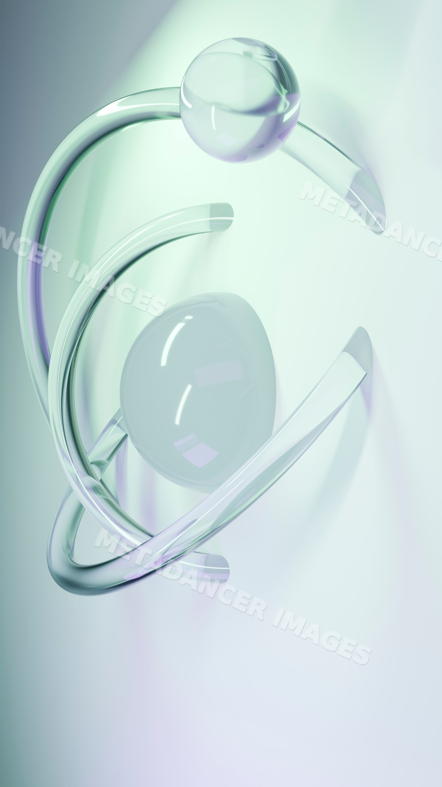 Abstract composition of transparent glass spheres and curved rings