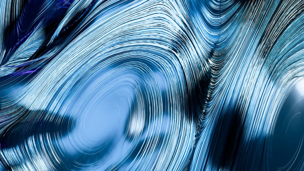 Abstract metallic blue swirling pattern with reflective curves