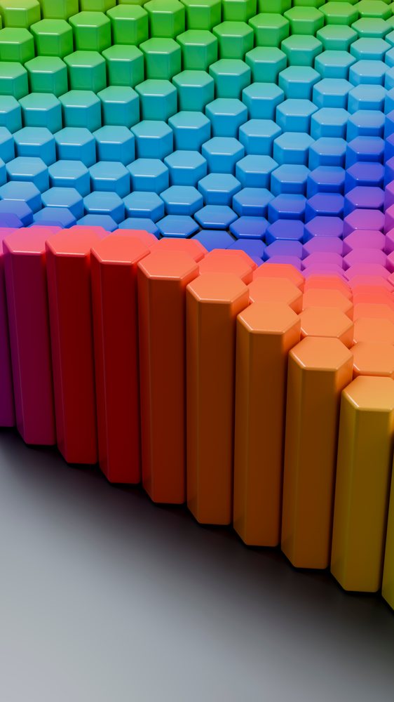 Colorful hexagonal columns in gradient 3d illustration