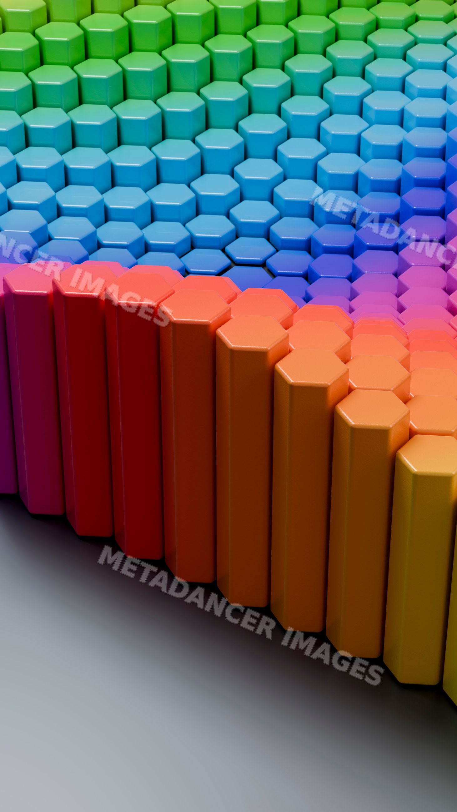 Colorful hexagonal columns in gradient 3d illustration