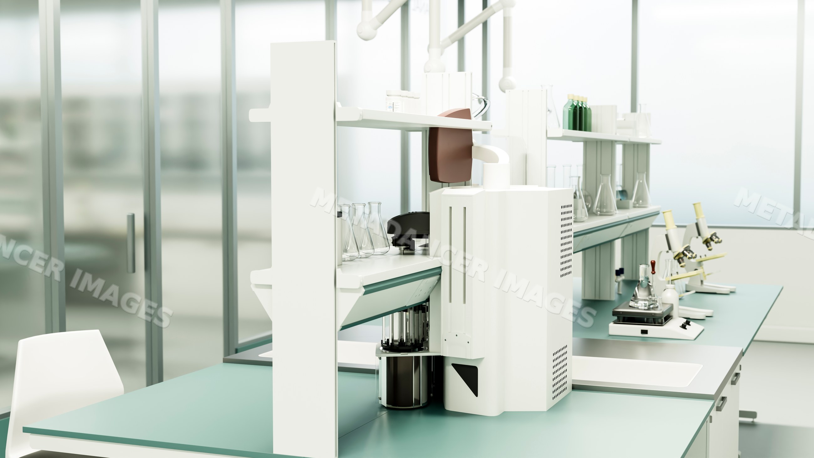Laboratory bench with microscopes and scientific equipment