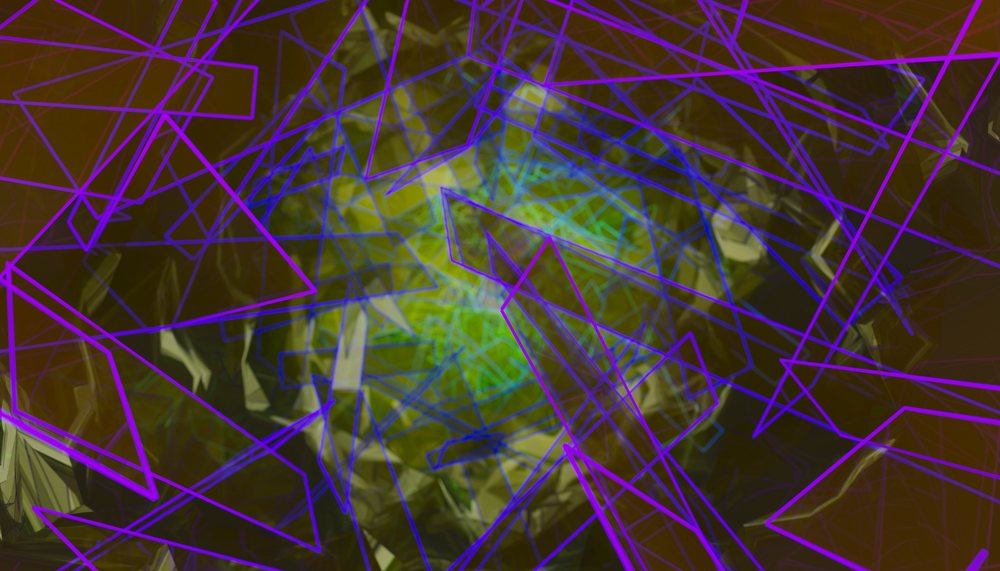 Digital rendering with abstract purple geometric shapes and green