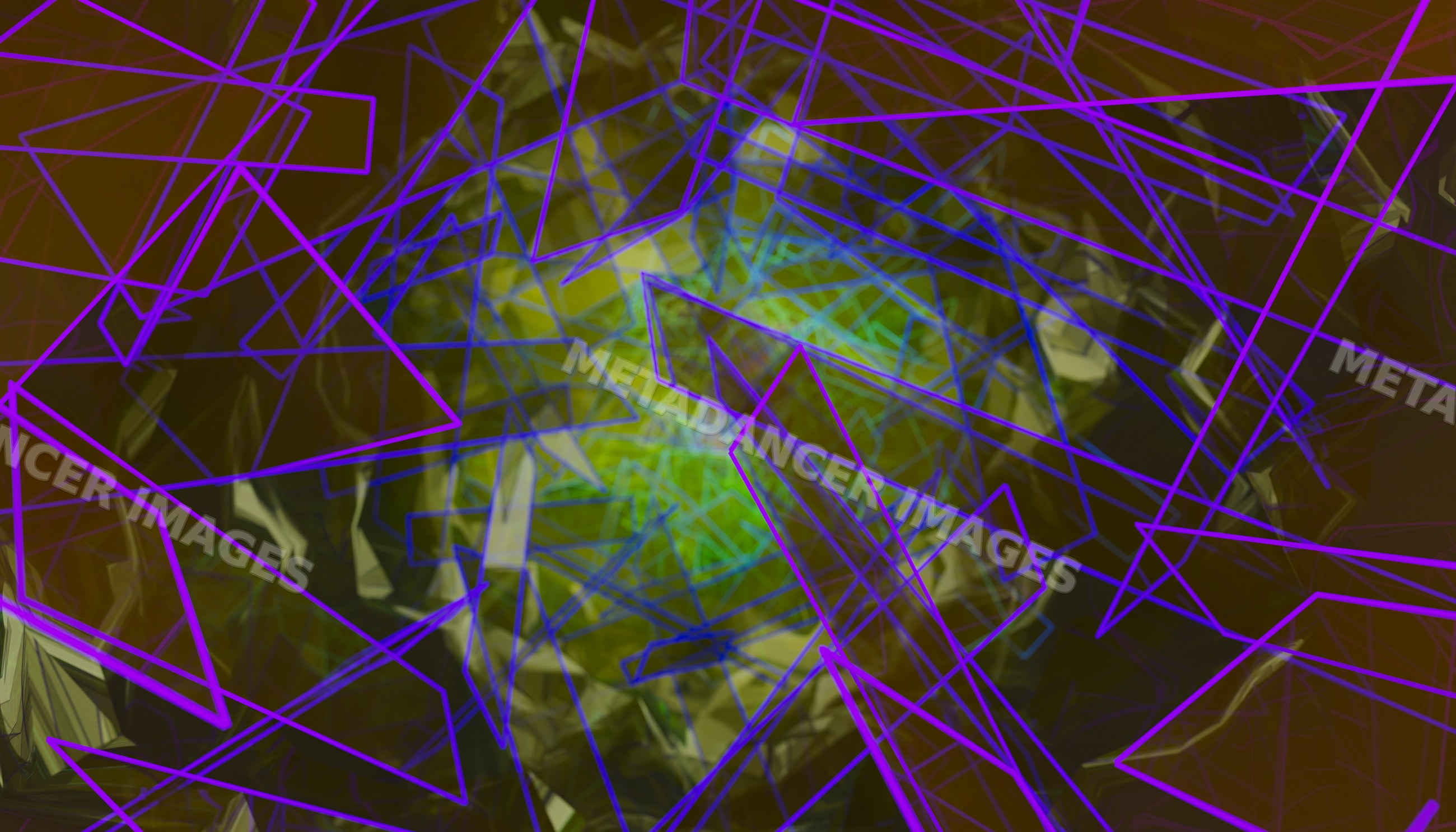 Digital rendering with abstract purple geometric shapes and green