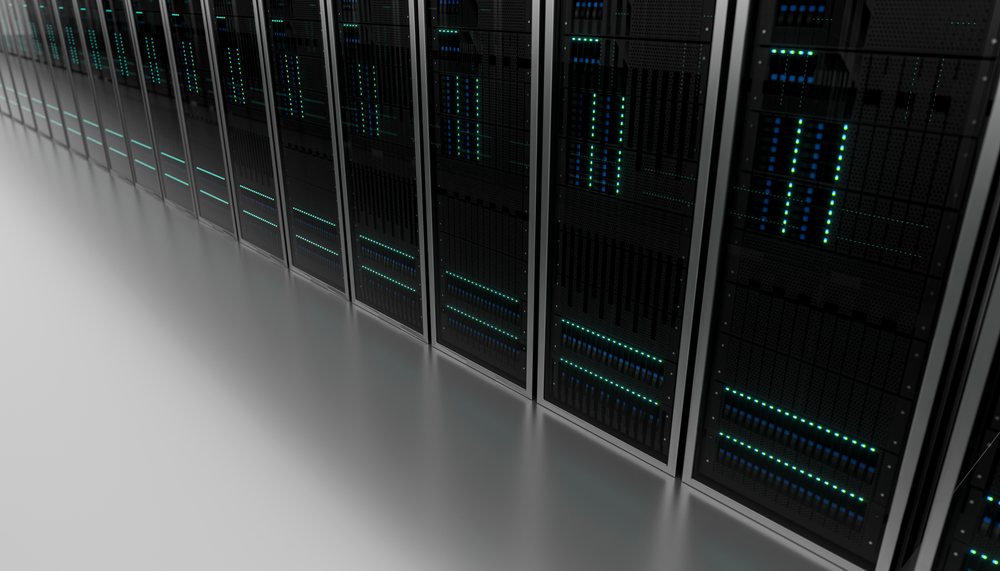 A row of server racks with status lights in a modern data center