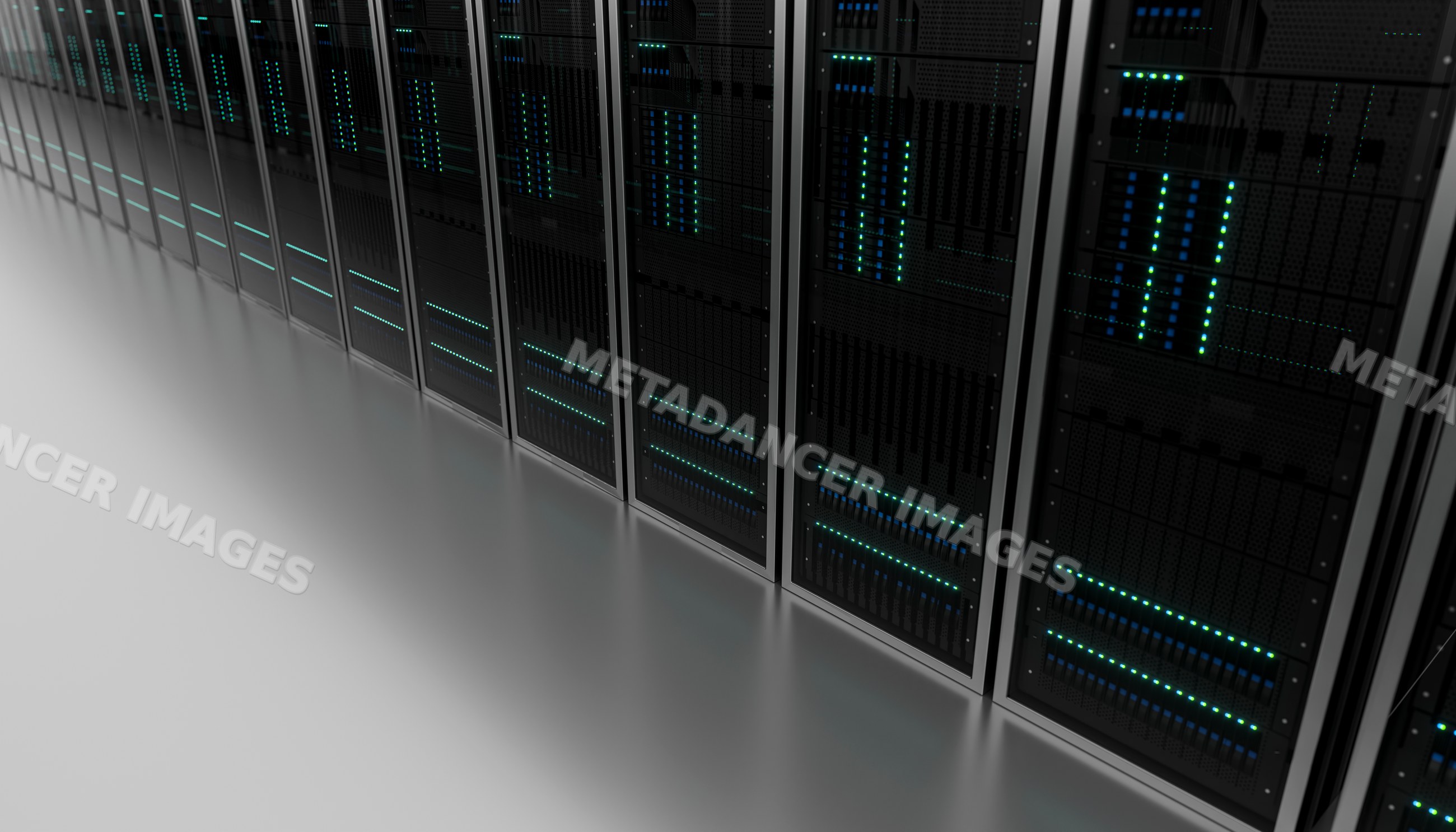 A row of server racks with status lights in a modern data center