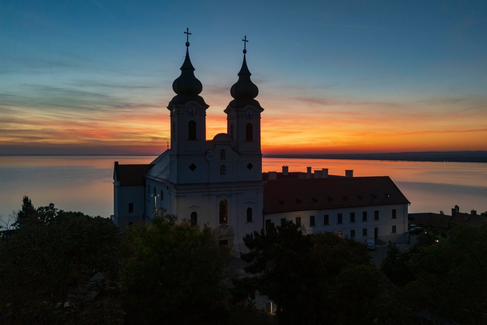 Benedictine Abbey of Tihany at Dawn overlooking lake balaton