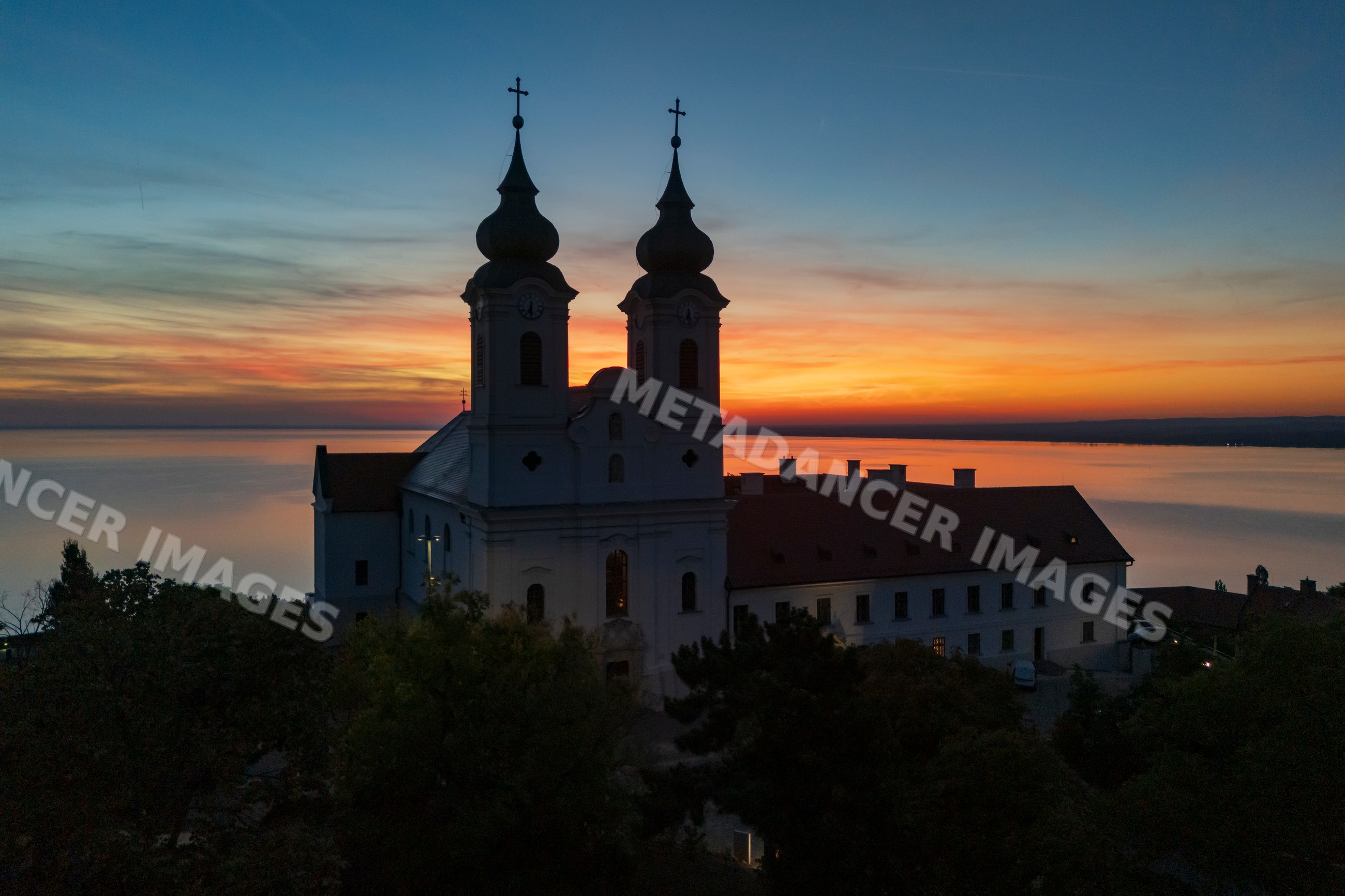 Benedictine Abbey of Tihany at Dawn overlooking lake balaton