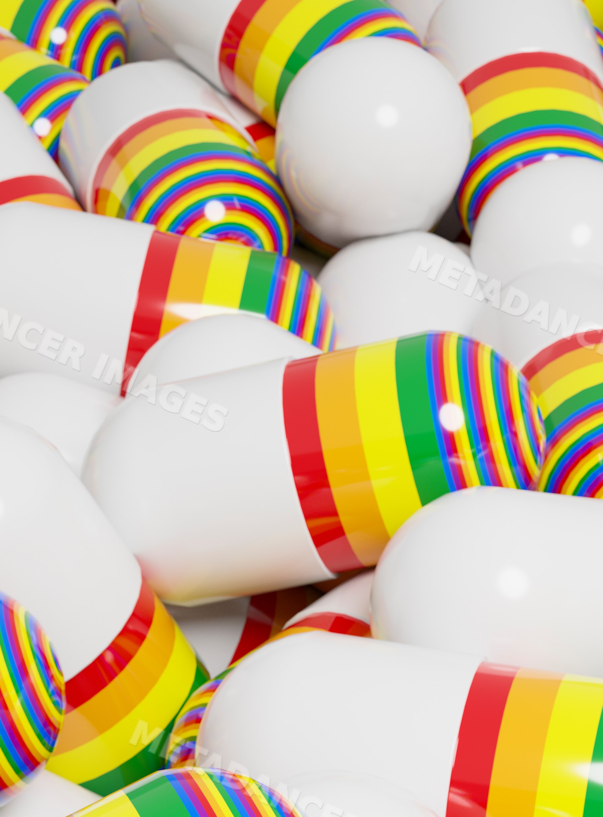 Pile of white capsules with rainbow-colored bands