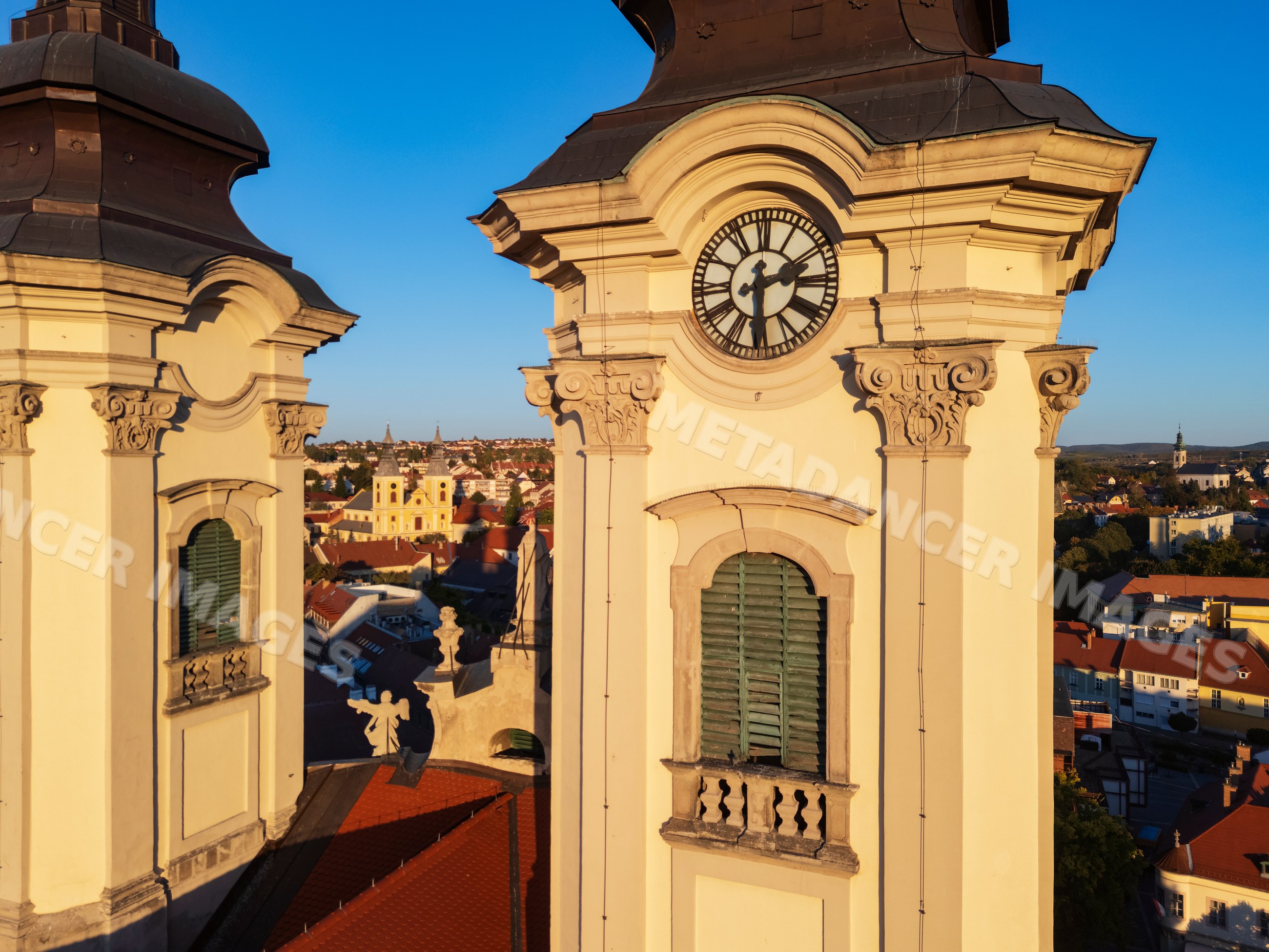 Towers of the Minorite Church at Sunrise in eger, Hungary