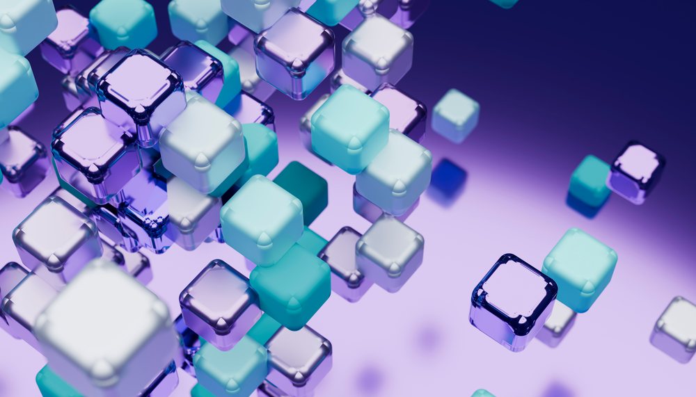 Rendering of floating transparent and colored 3d cubes