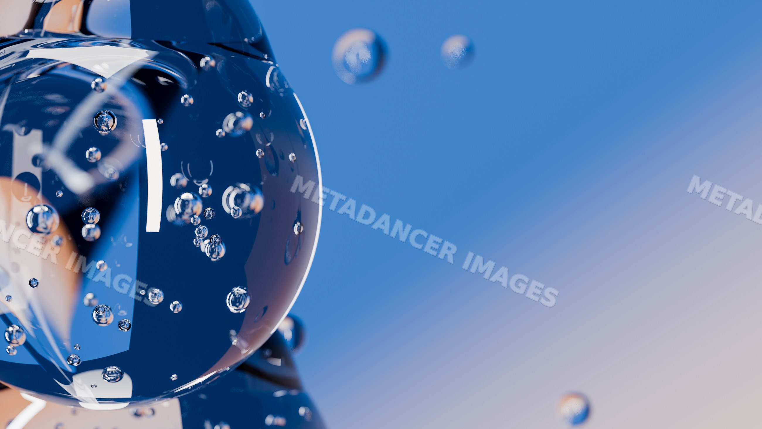 Glass sphere with floating bubbles in 3d digital illustration