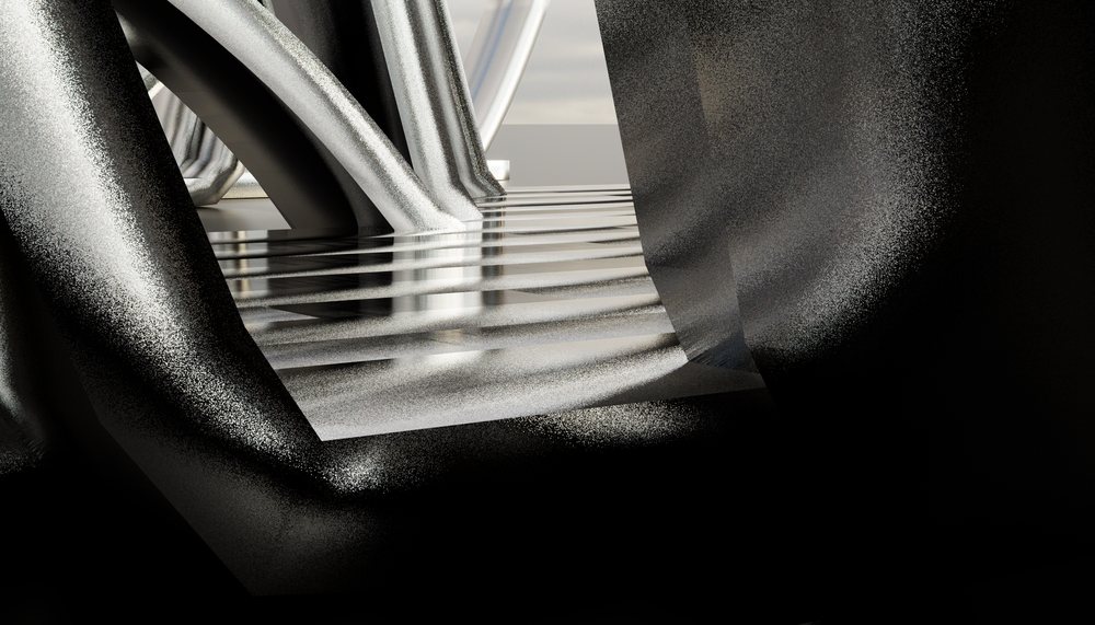 Abstract modern black sculpture with curved reflective metal shapes