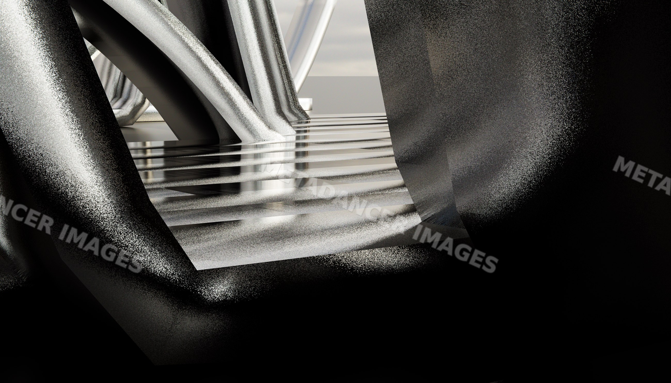 Abstract modern black sculpture with curved reflective metal shapes