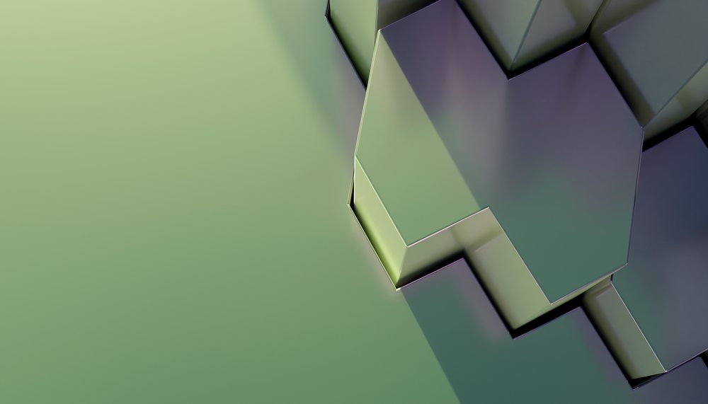 Closeup of abstract 3d metallic hexagons on a green background