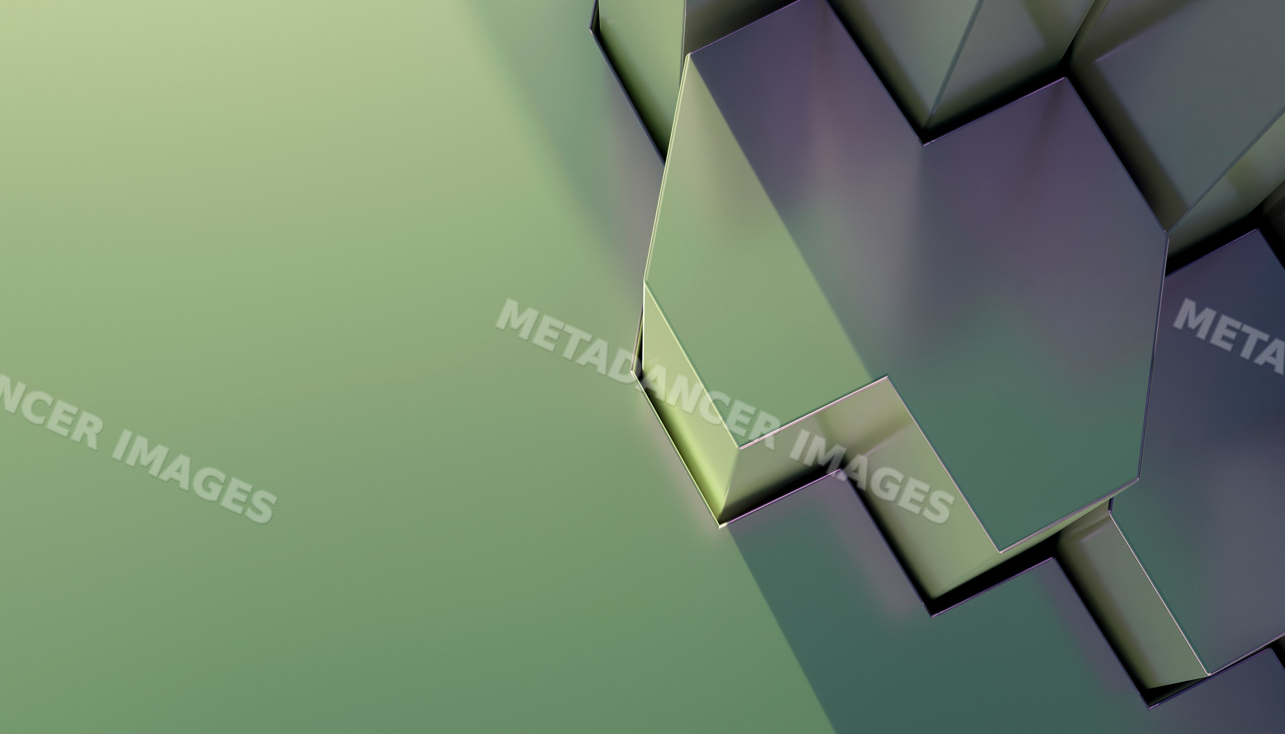 Closeup of abstract 3d metallic hexagons on a green background
