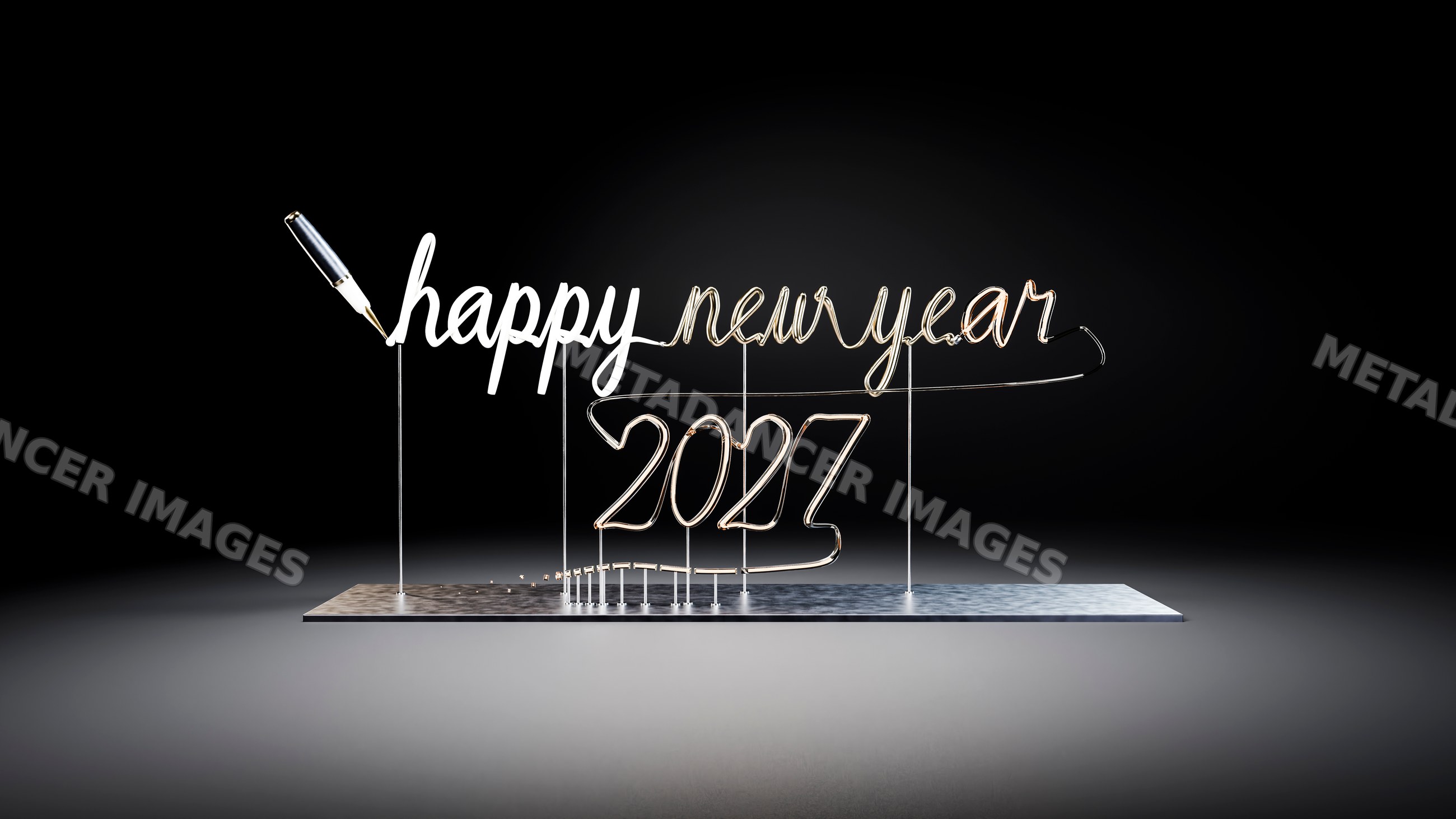 Wire sculpture spelling happy new year 2027 on metal base
