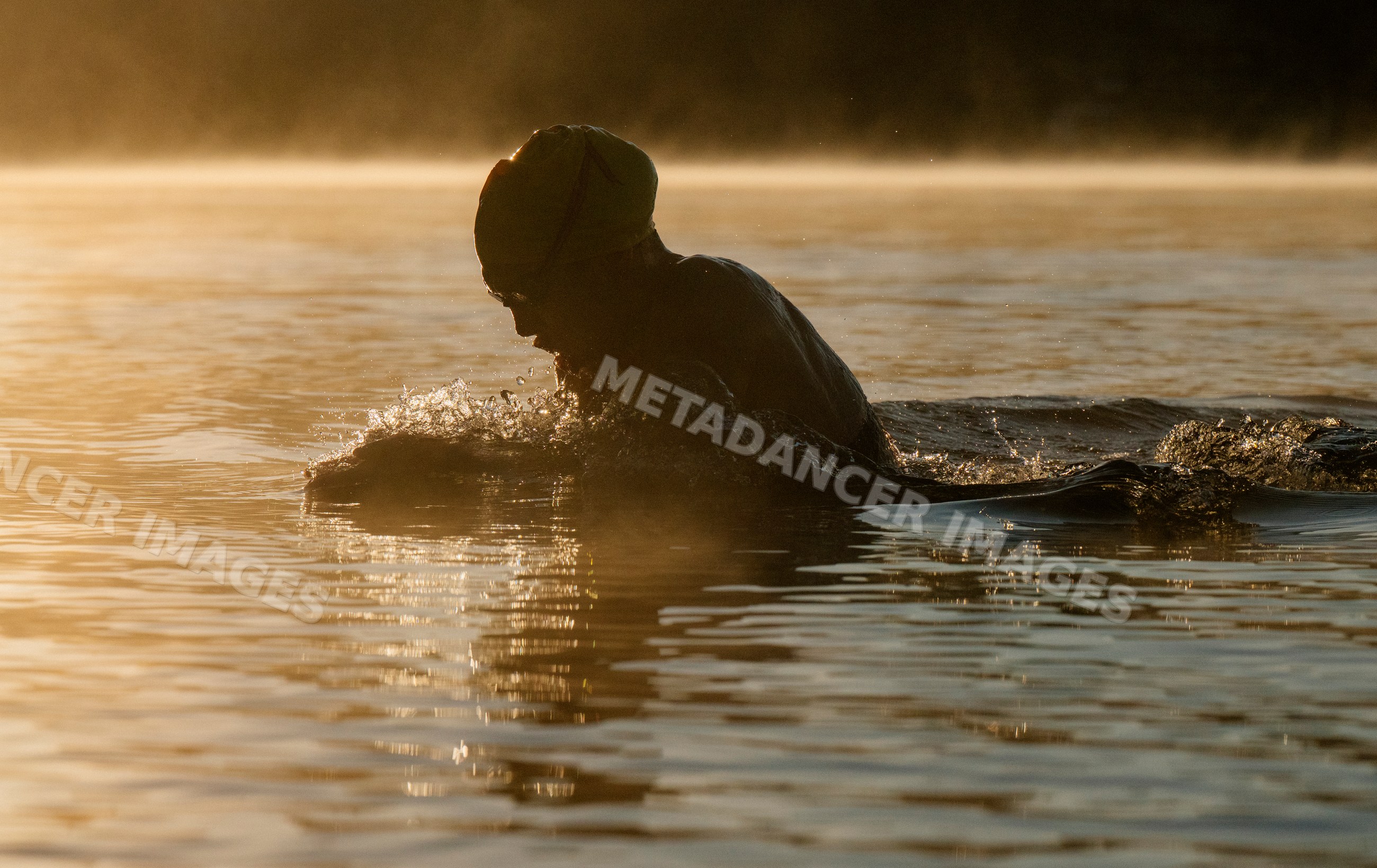 White swimmer swimming in misty open water at sunrise in the USA