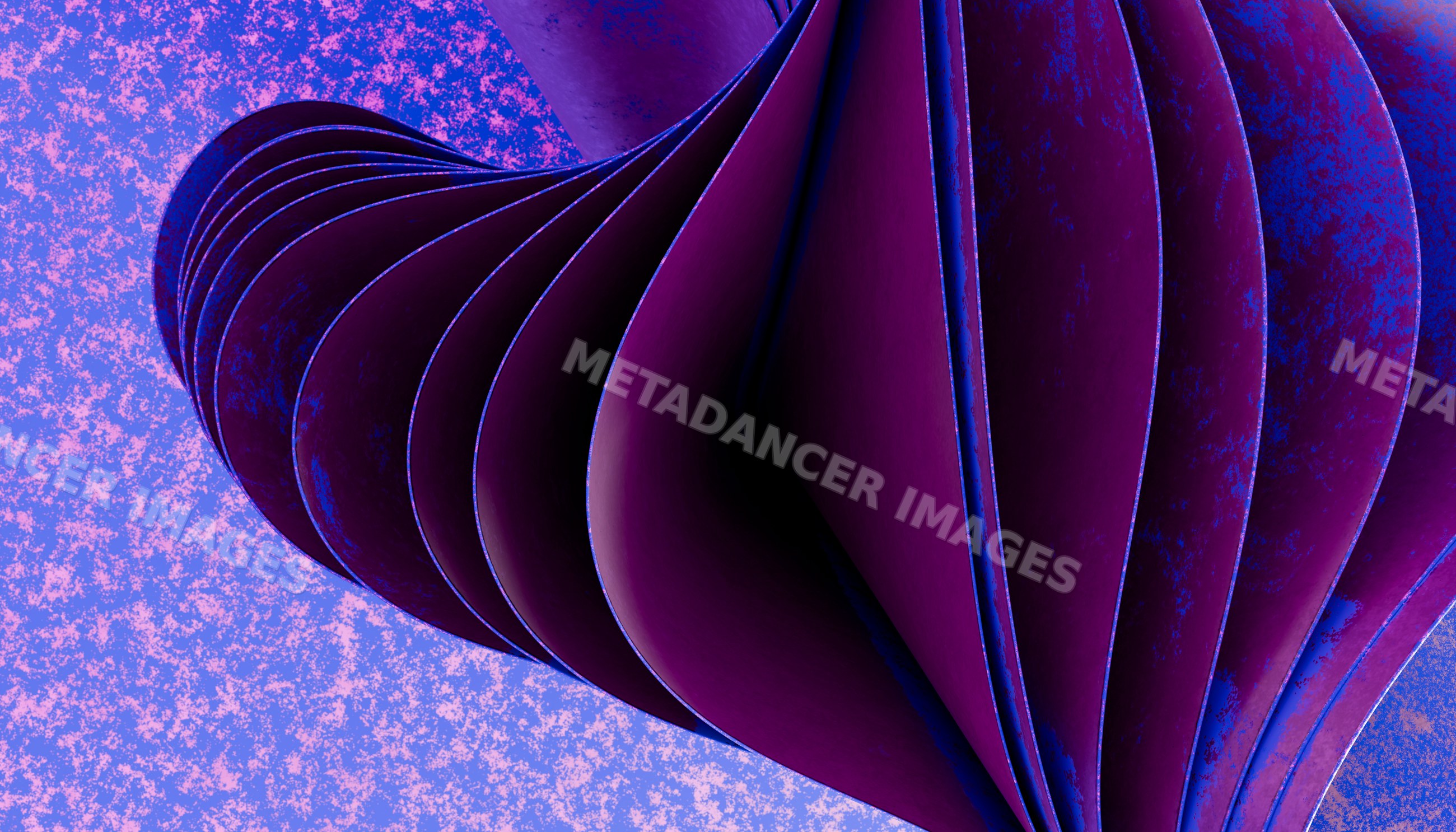 Abstract sculpture composed of curved purple panels with blue