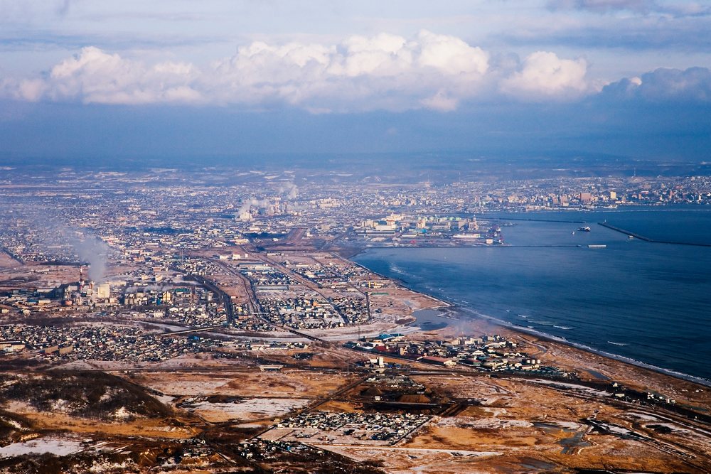 Aerial view of kushiro cityscape with coastal industrial area Japan