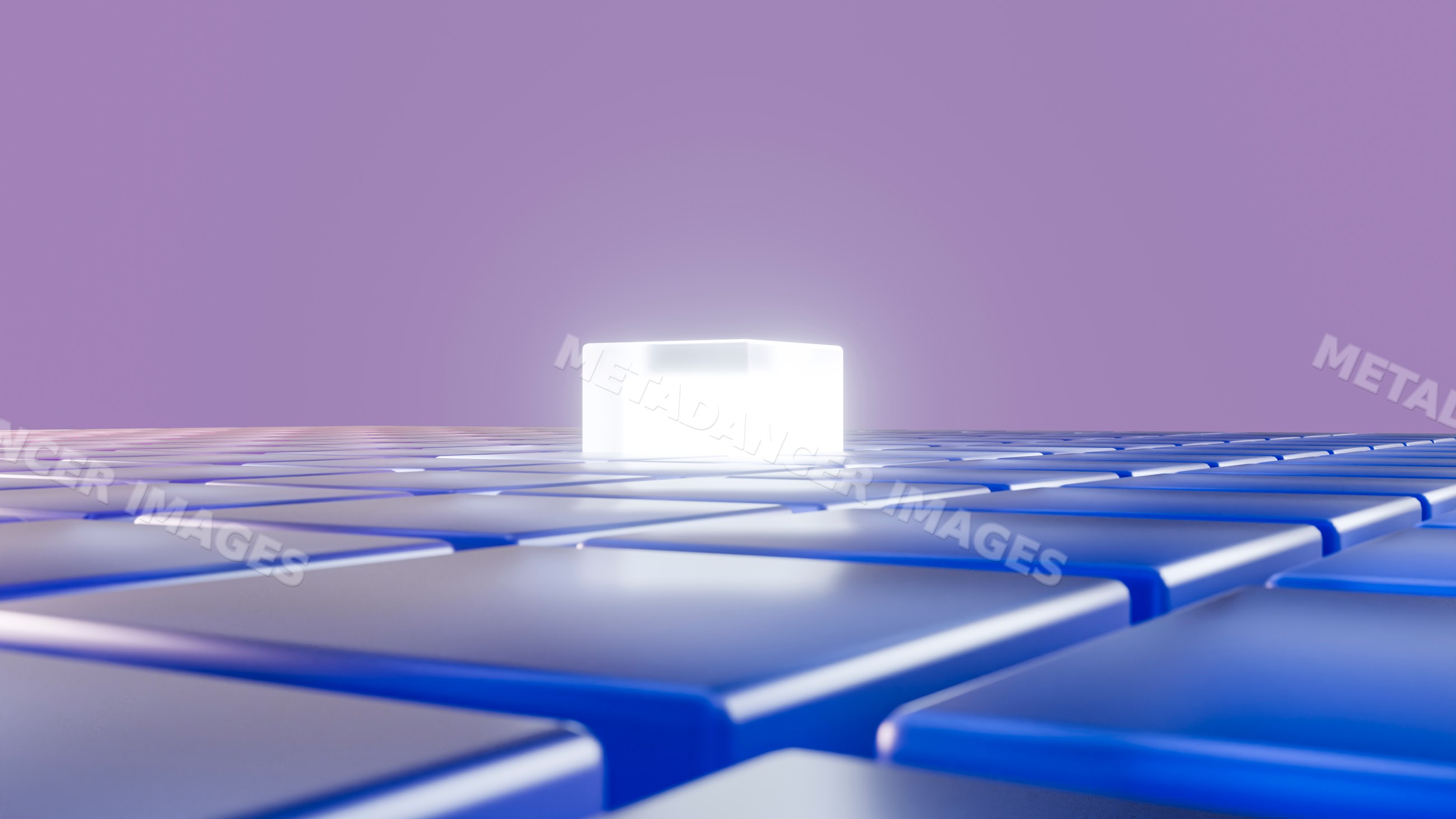 Glowing cube on blue square tiles with purple gradient background