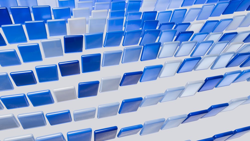 Abstract pattern of floating blue and white glass square tiles
