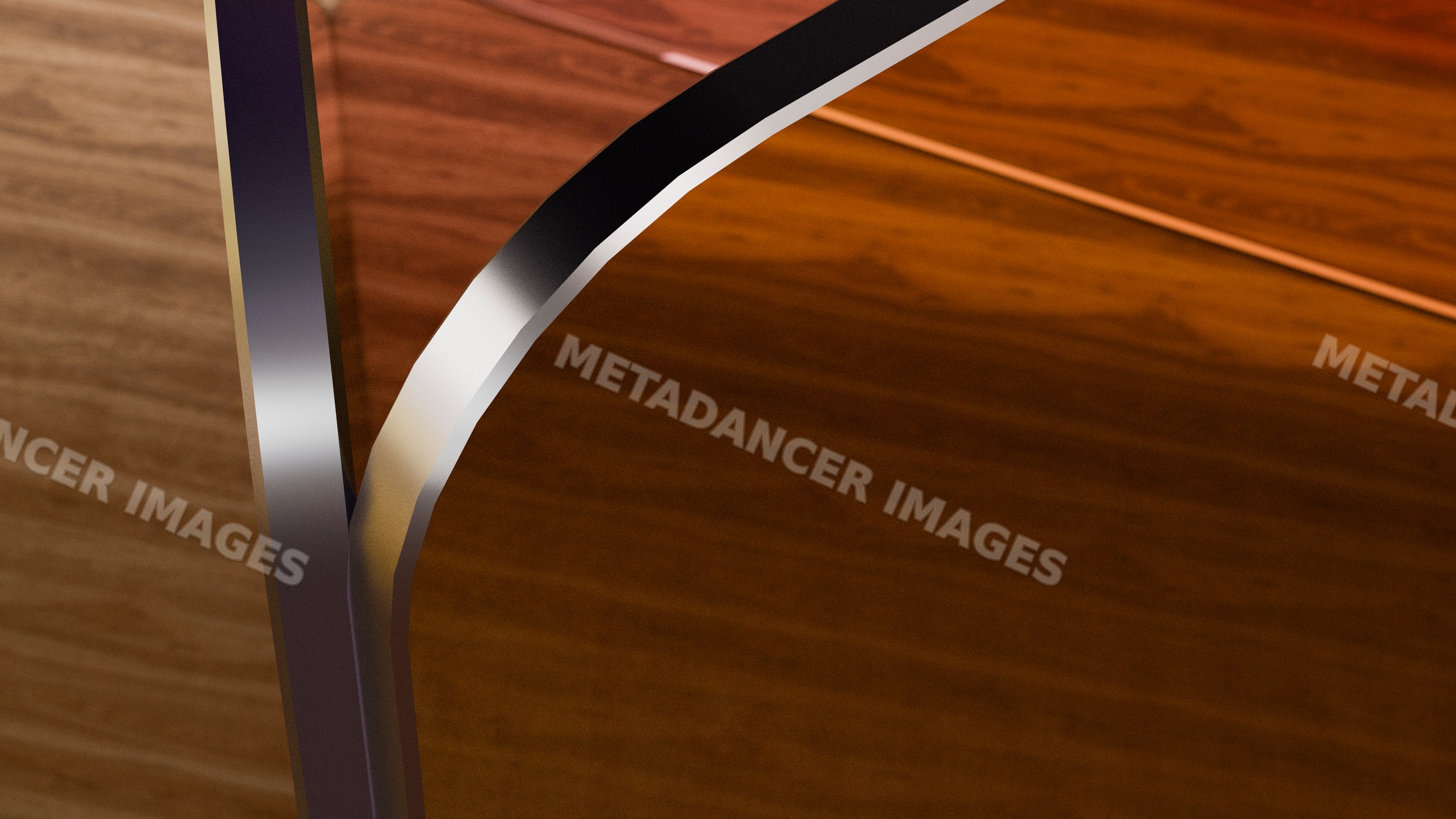 Close-up of glass edge on polished brown wood table surface