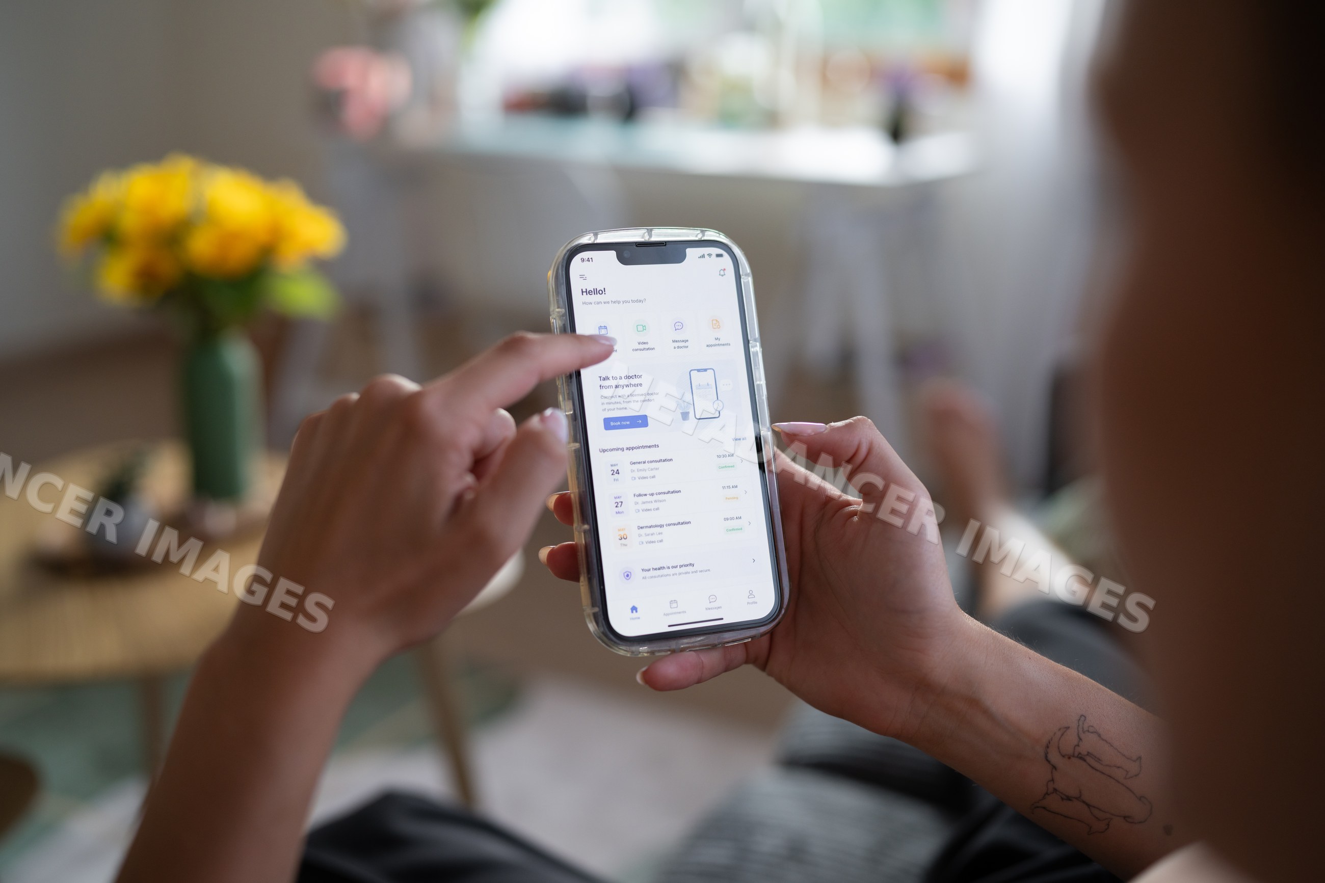 White Person using remote healthcare app on smartphone working