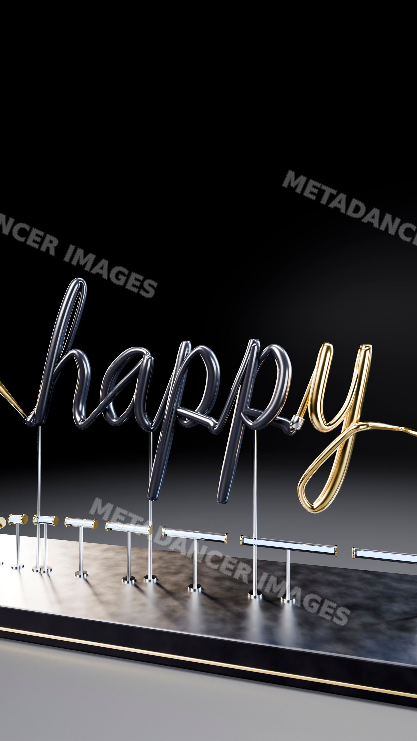 Happy word metal sculpture in silver and gold on black base