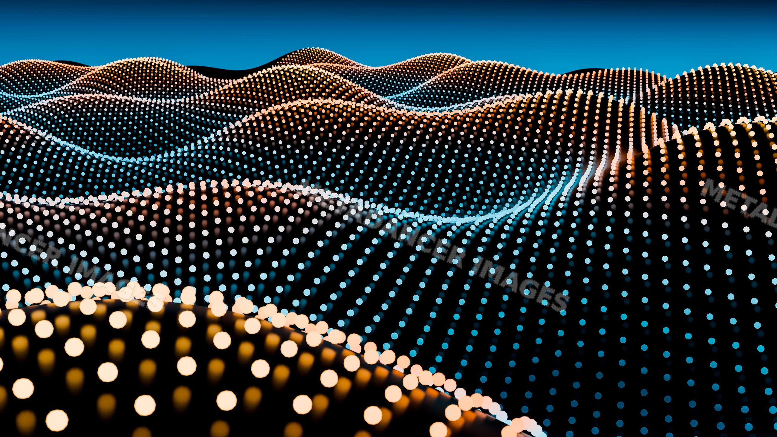 Digital abstract illustration of glowing dot waves forming dynamic