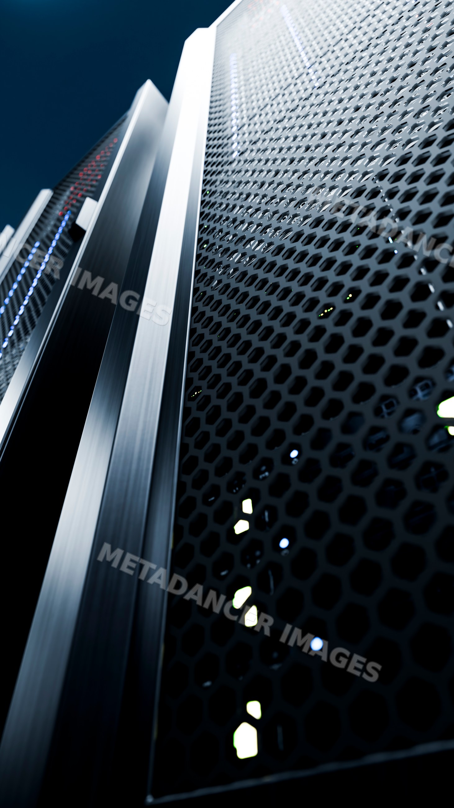 Close-up of server racks with ventilated panels in data center