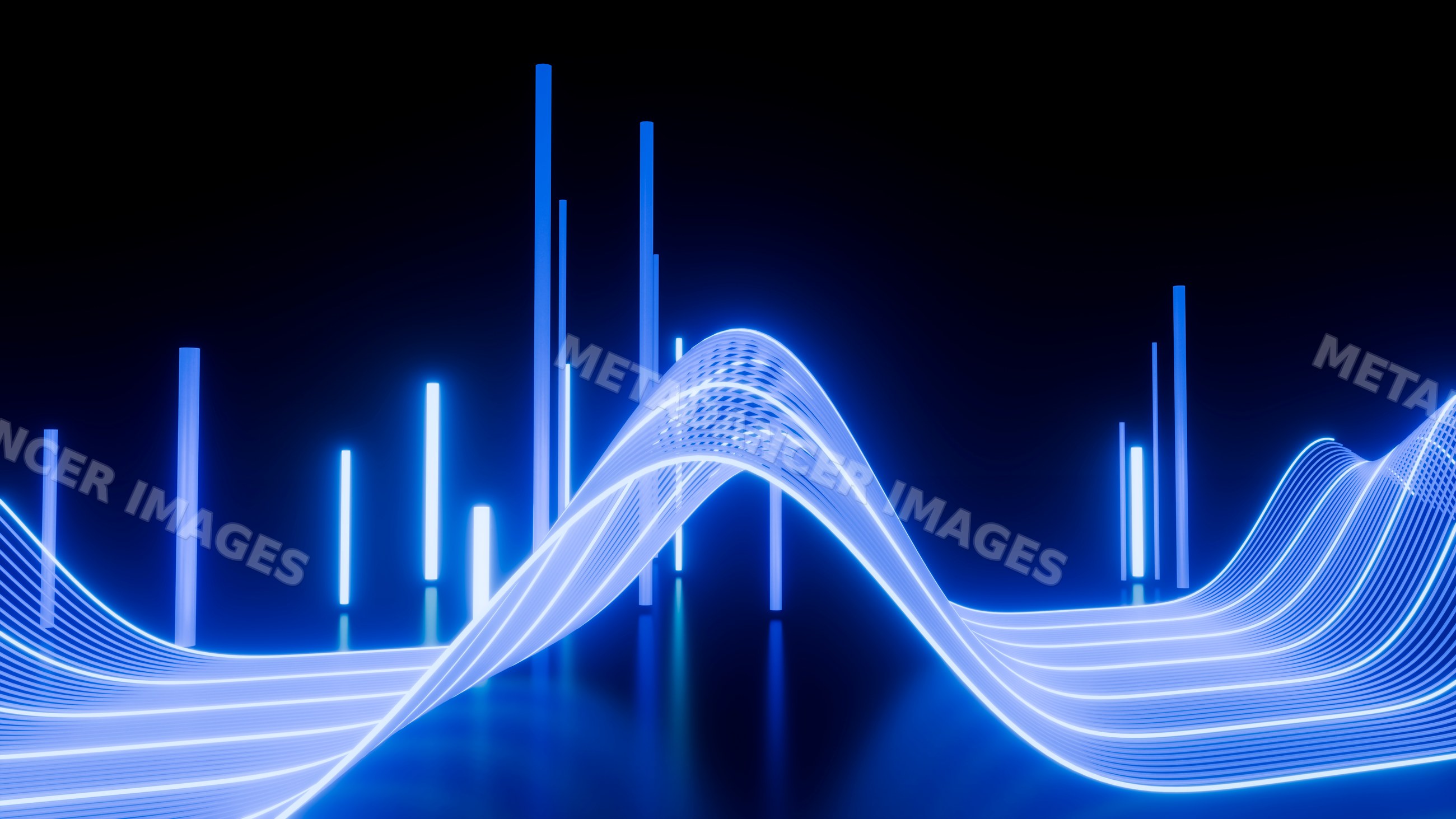 Blue glowing digital waves and neon bars in abstract design