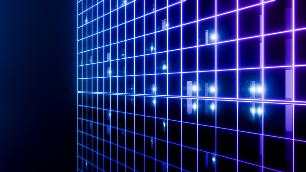 Neon blue and purple grid lights reflecting in digital space