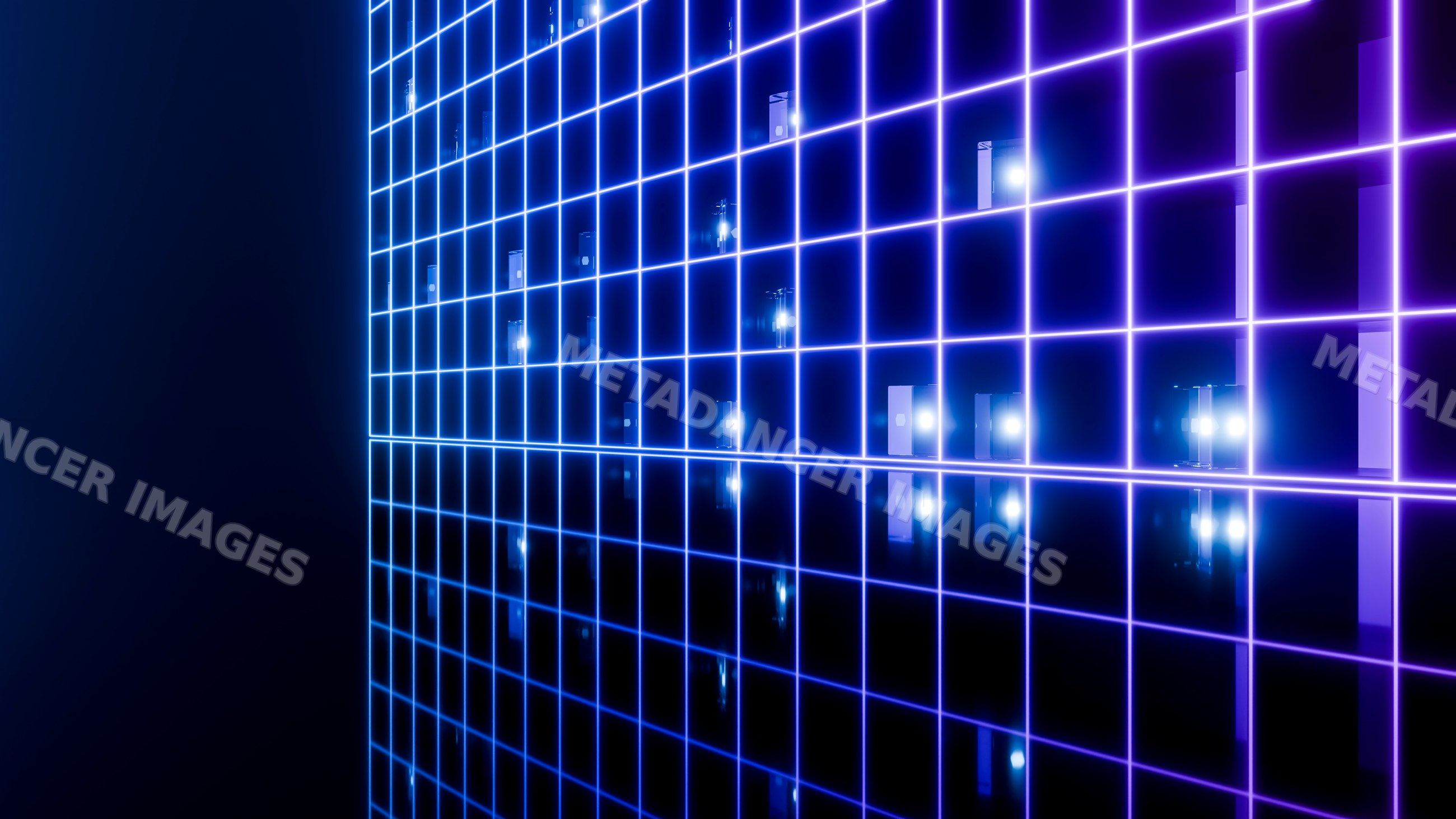 Neon blue and purple grid lights reflecting in digital space