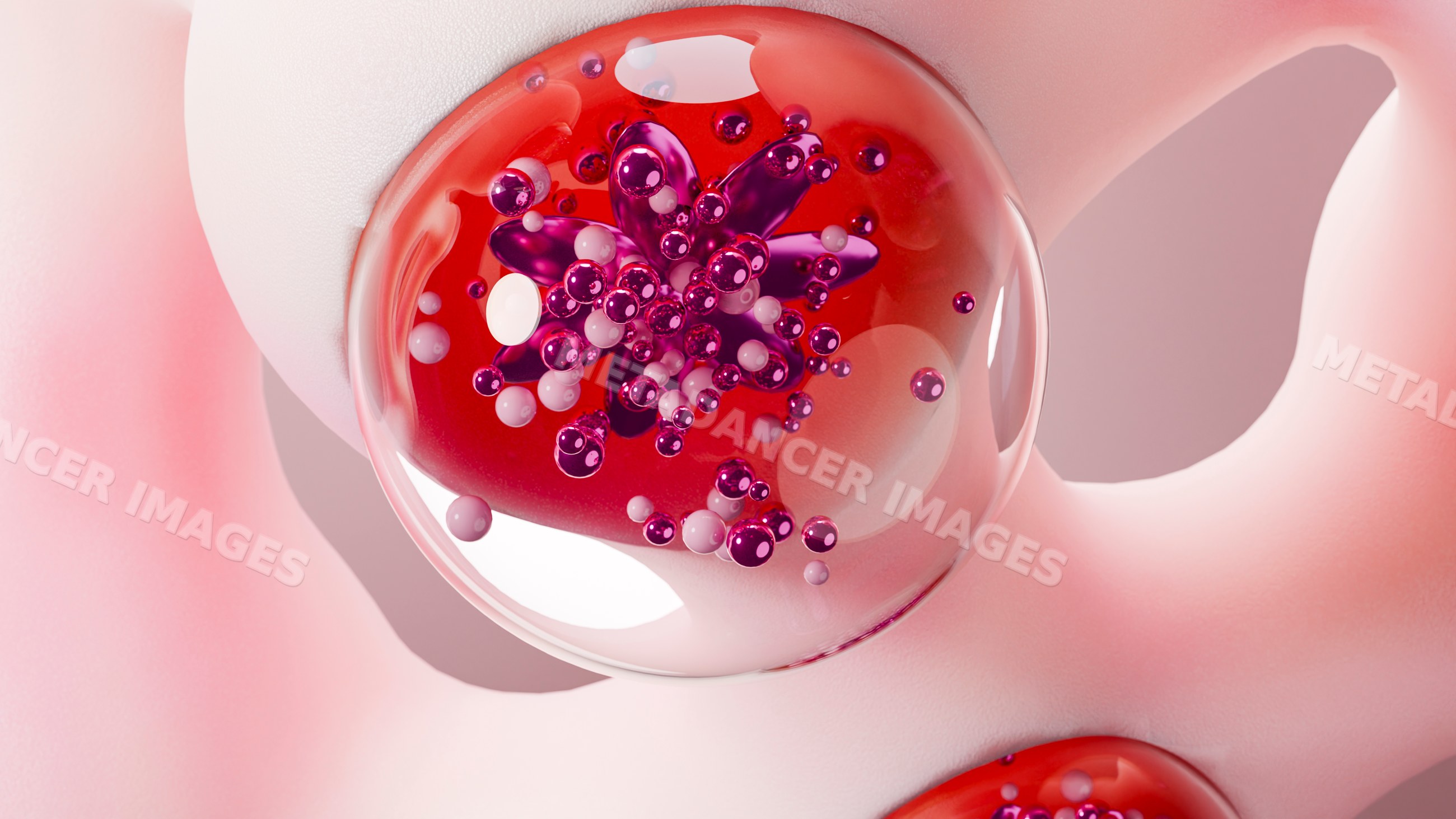Abstract 3d-rendered red liquid sphere with purple flower and bubbles