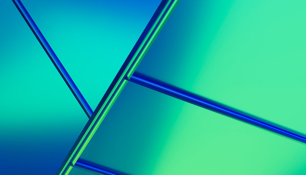Digital rendering of abstract overlapping blue and green geometric