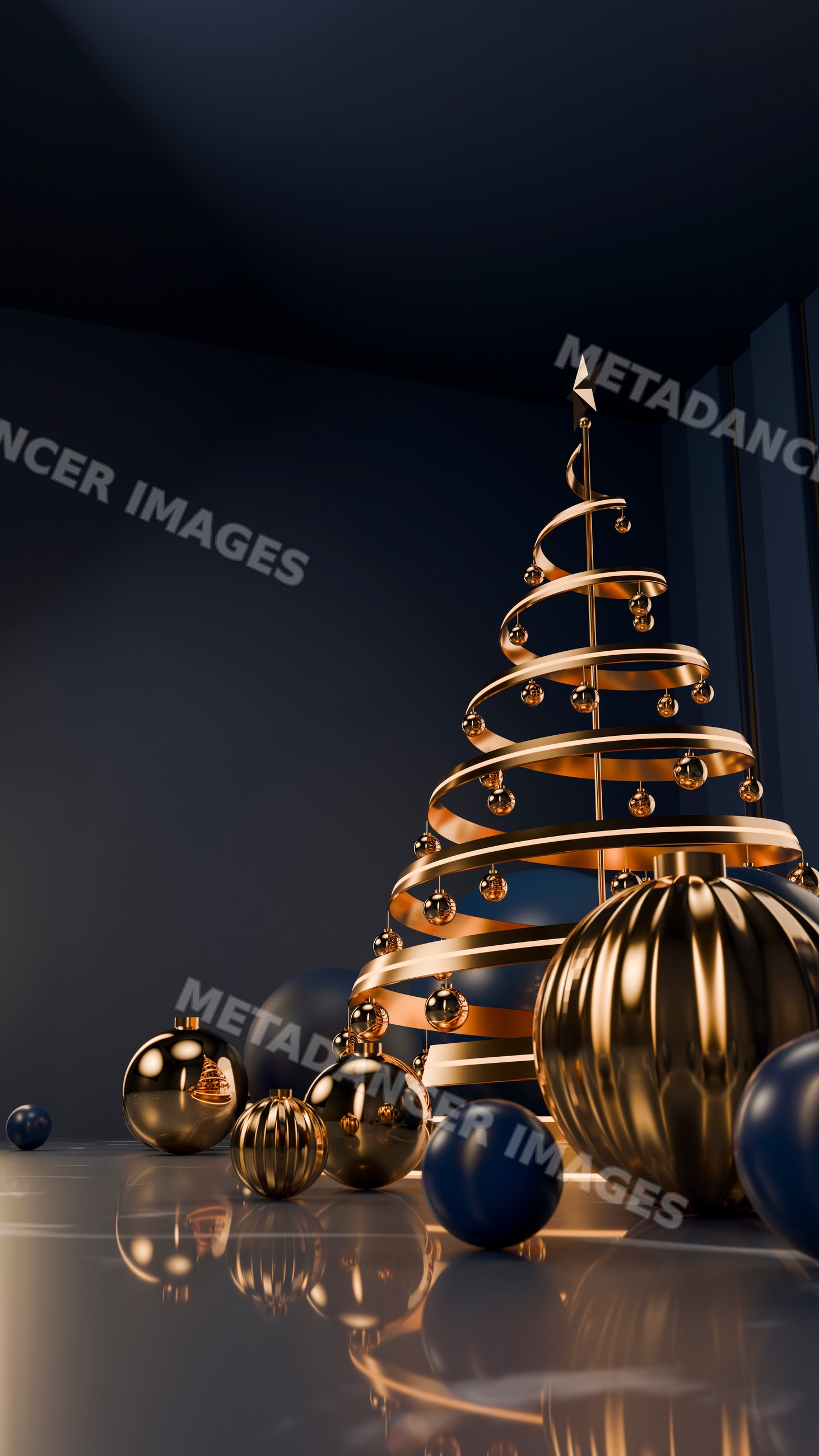 Metallic gold spiral christmas tree with gold and blue ornaments