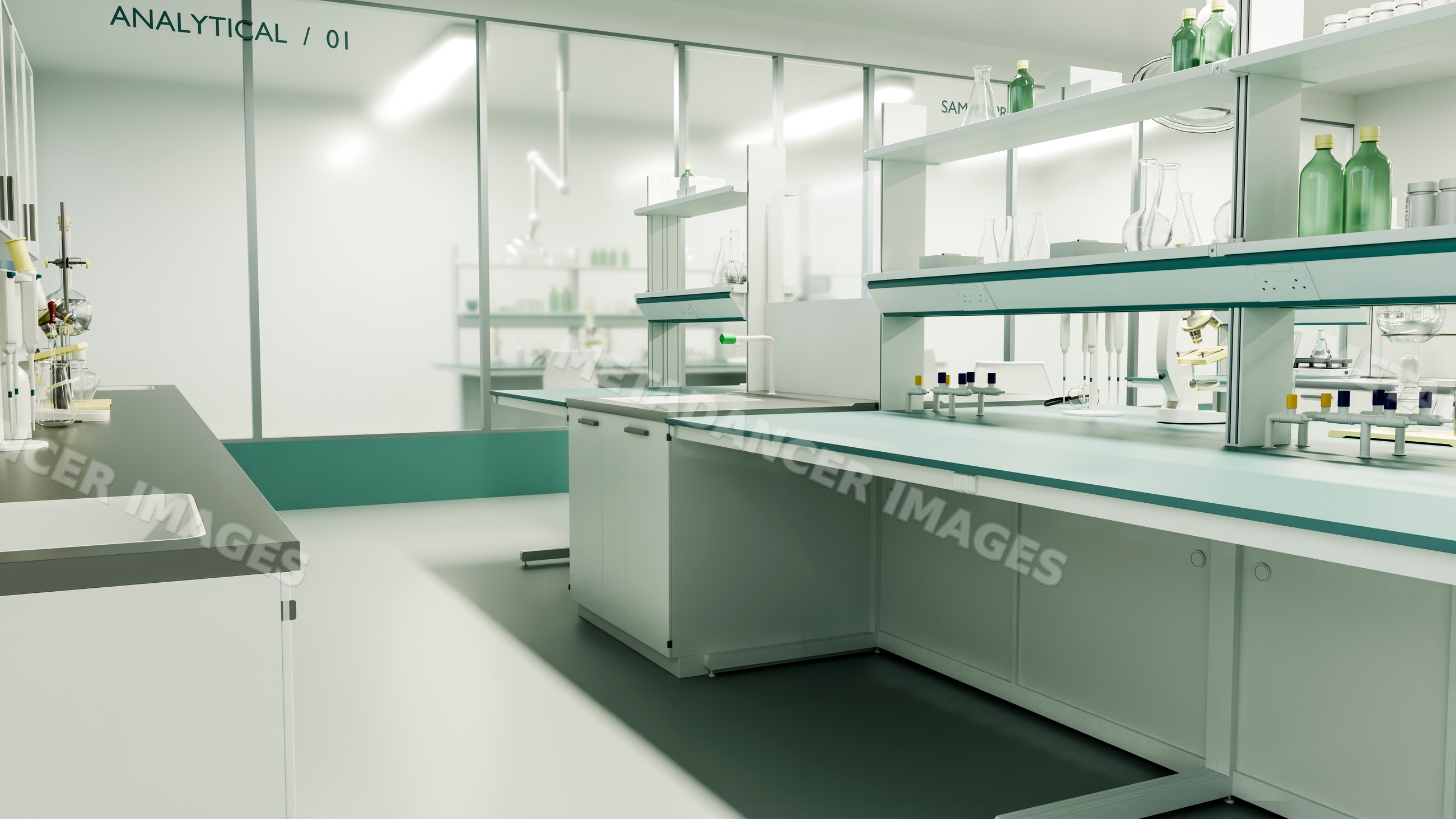 Laboratory interior with scientific instruments and glassware