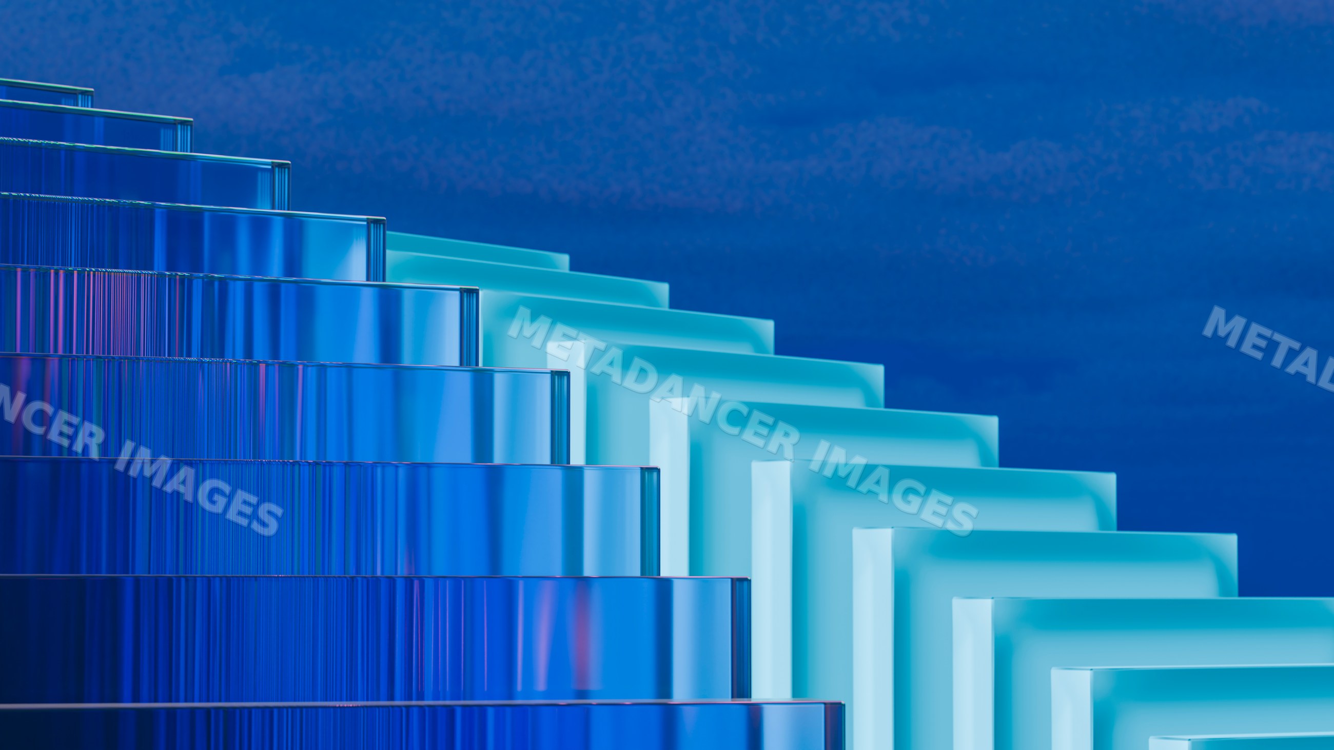 Blue stacked glass rectangles in abstract geometric arrangement