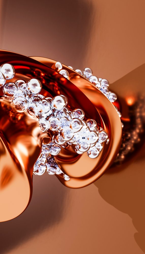 Close up of abstract copper metallic surface with clear bubbles