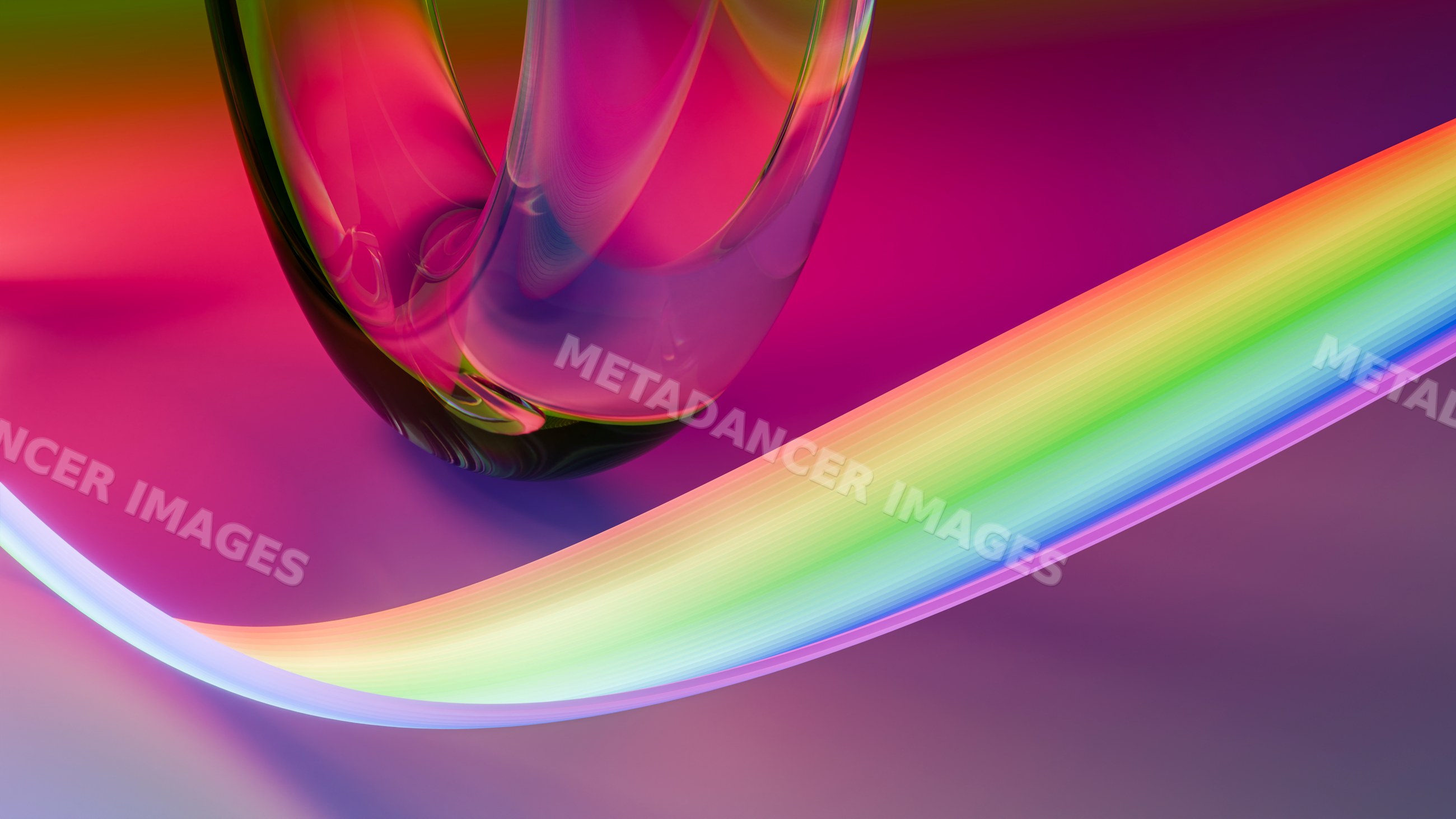 Abstract illustration of curved glass and flowing rainbow light wave